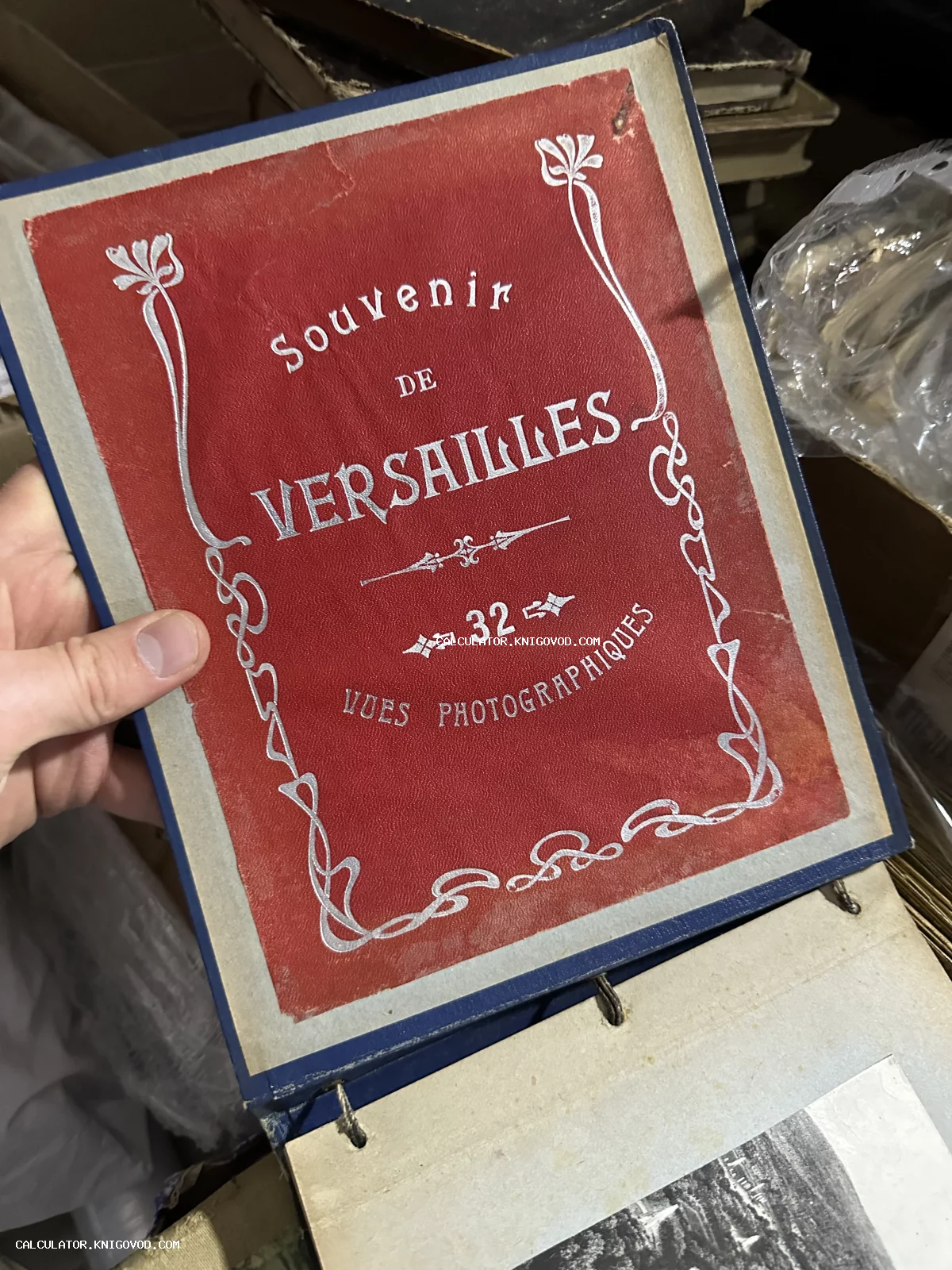 Красная обложка старинного альбома Souvenir de Versailles с серебряным тиснением в стиле модерн.
