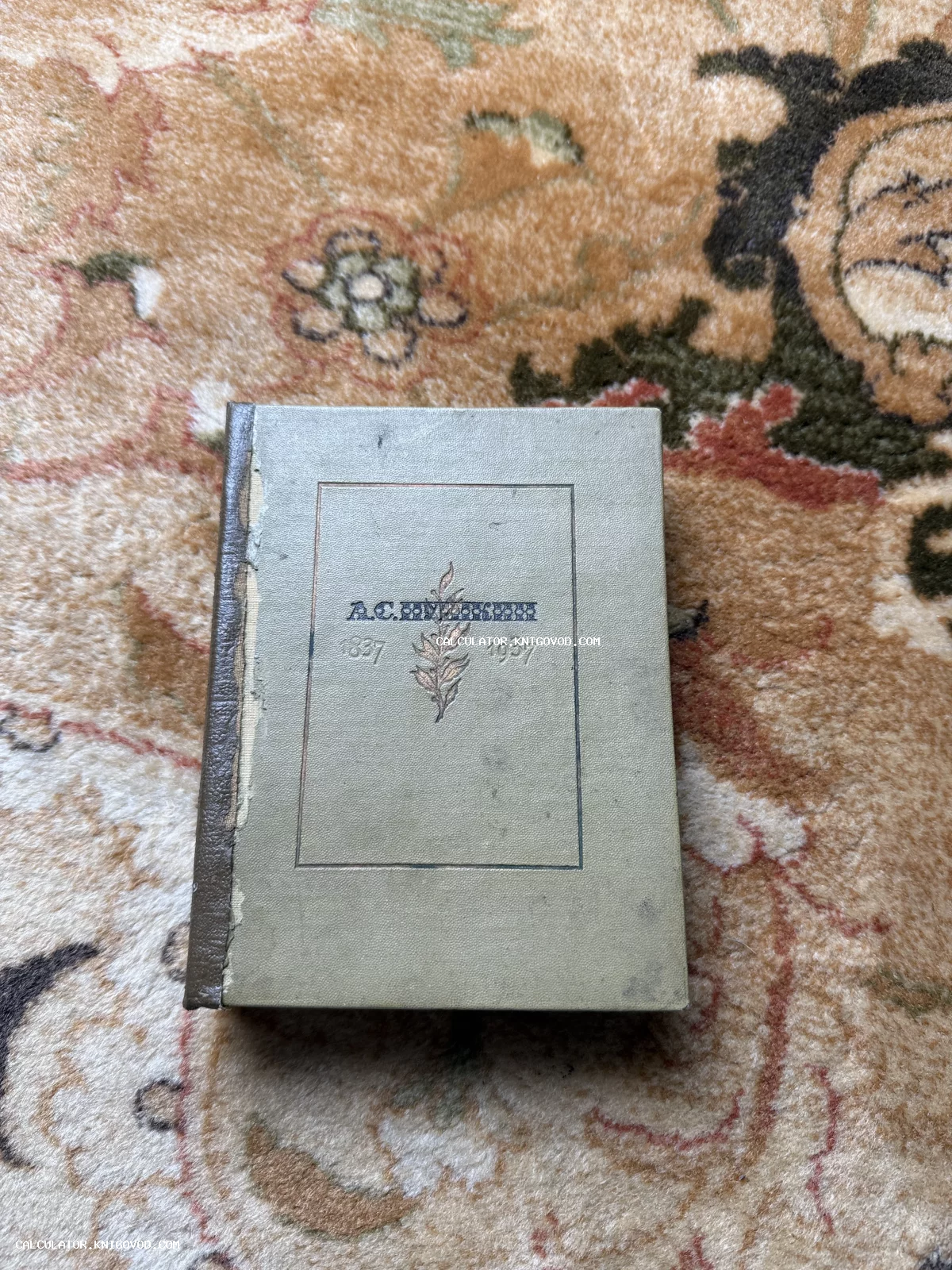 Старинная книга в оливковом переплете с надписью «А.С. Пушкин 1837–1937» и изображением лавровой ветви на фоне ковра.