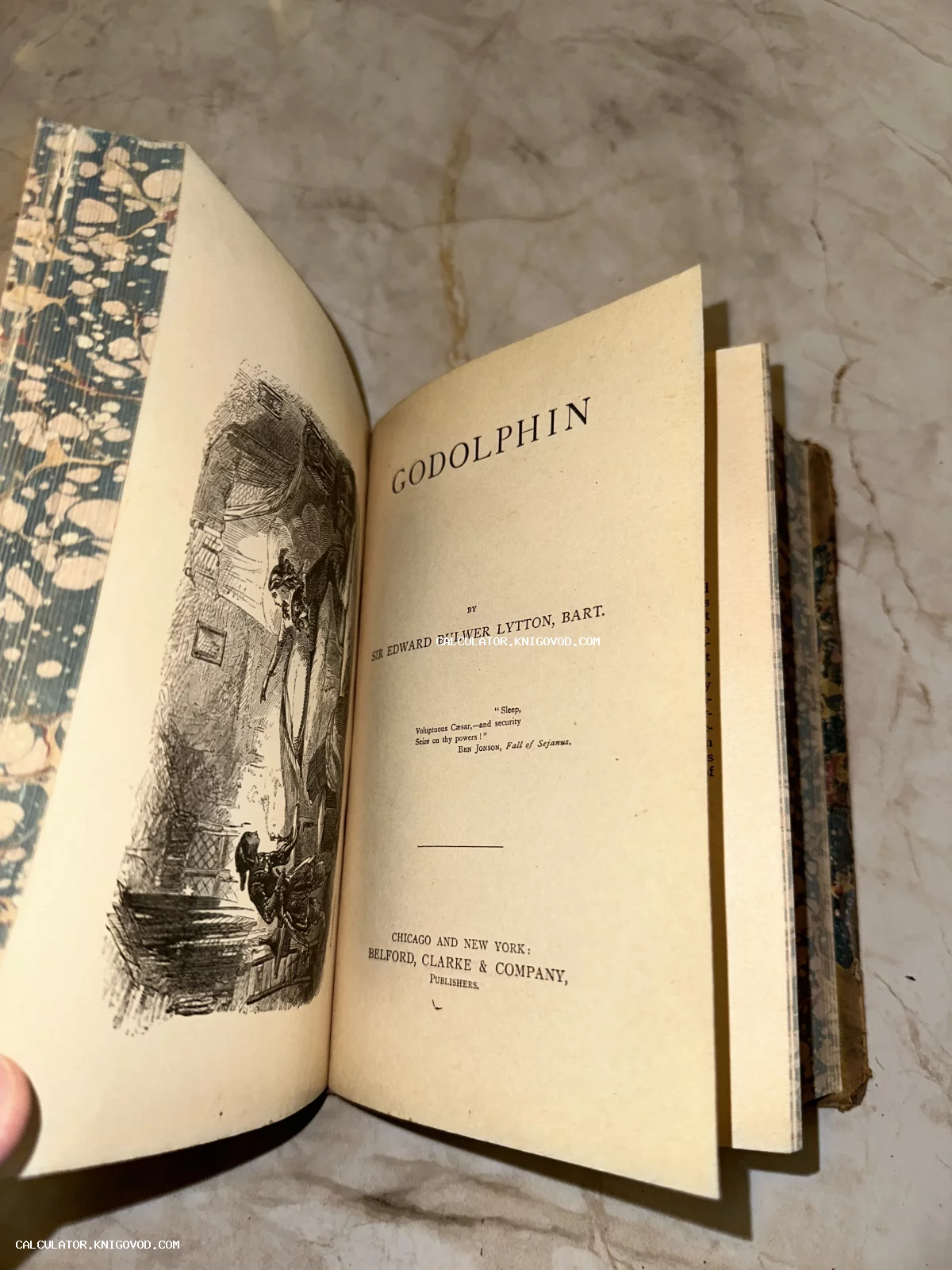 Разворот антикварной книги «Godolphin» с гравированным фронтисписом и титульным листом издательства Belford, Clarke & Company.