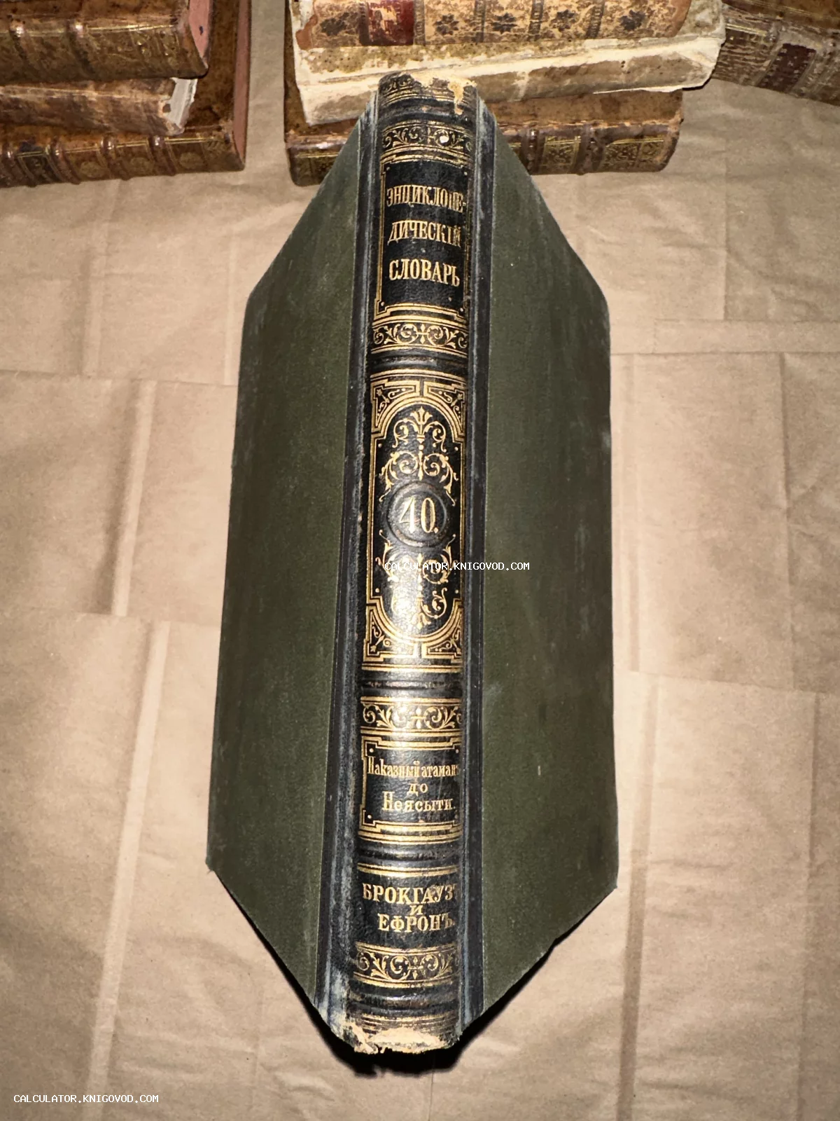 Старинный переплет 40-го тома Энциклопедического словаря Брокгауза и Ефрона с золотым тиснением на корешке.