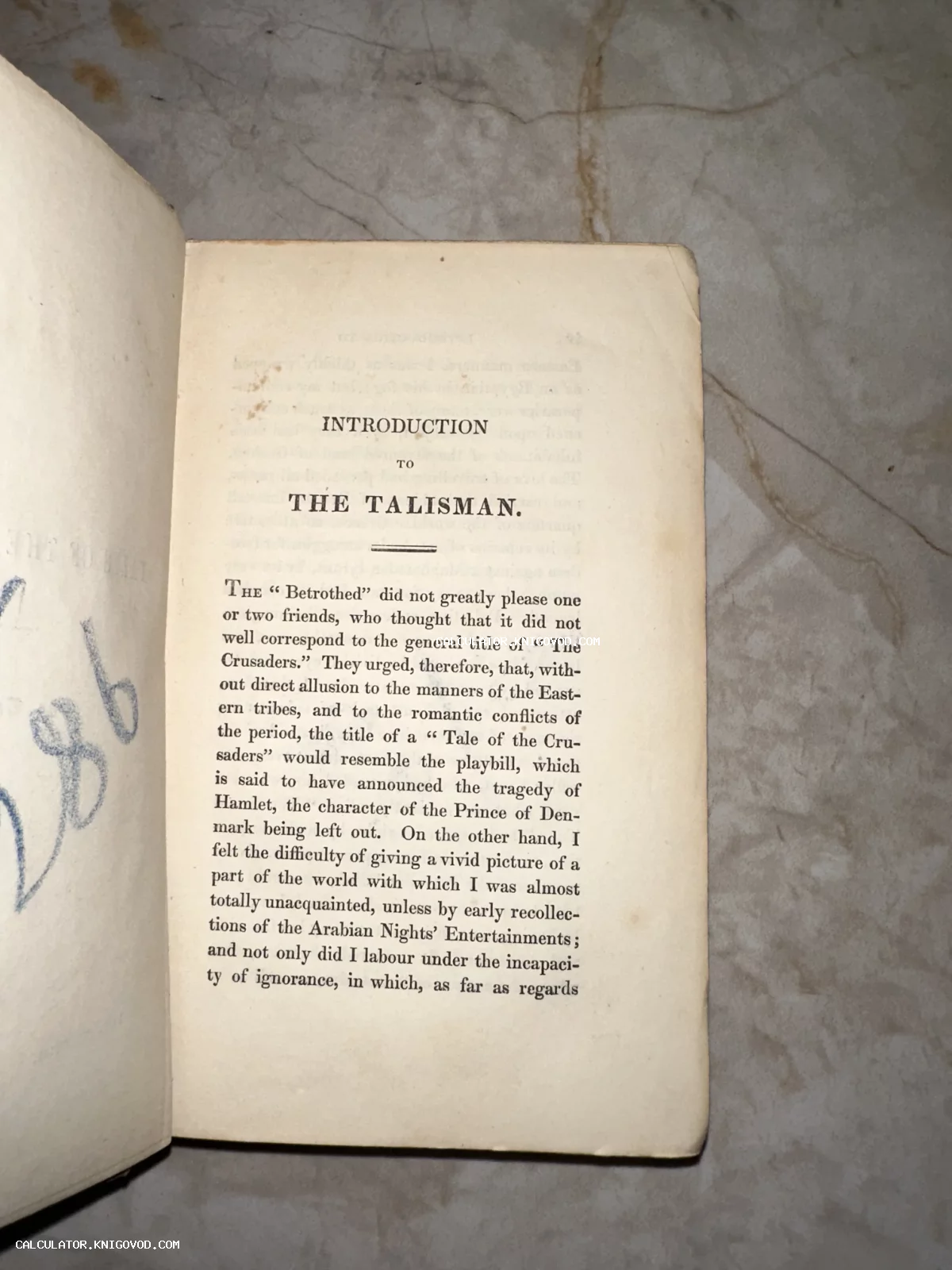 Разворот старинной книги на английском языке с заголовком Introduction to The Talisman и рукописной пометкой на форзаце.