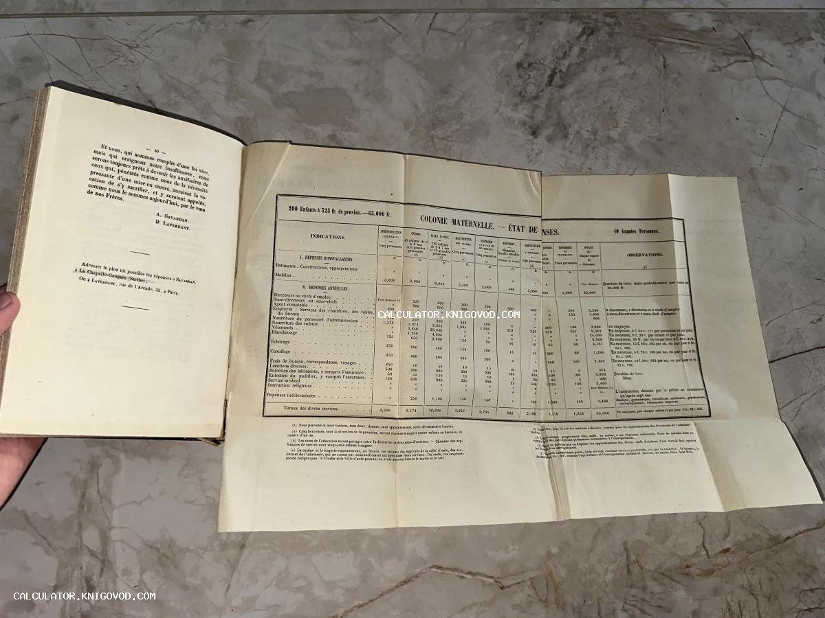 Развернутая антикварная книга на французском языке с большой вкладкой-таблицей расходов на содержание учреждения.