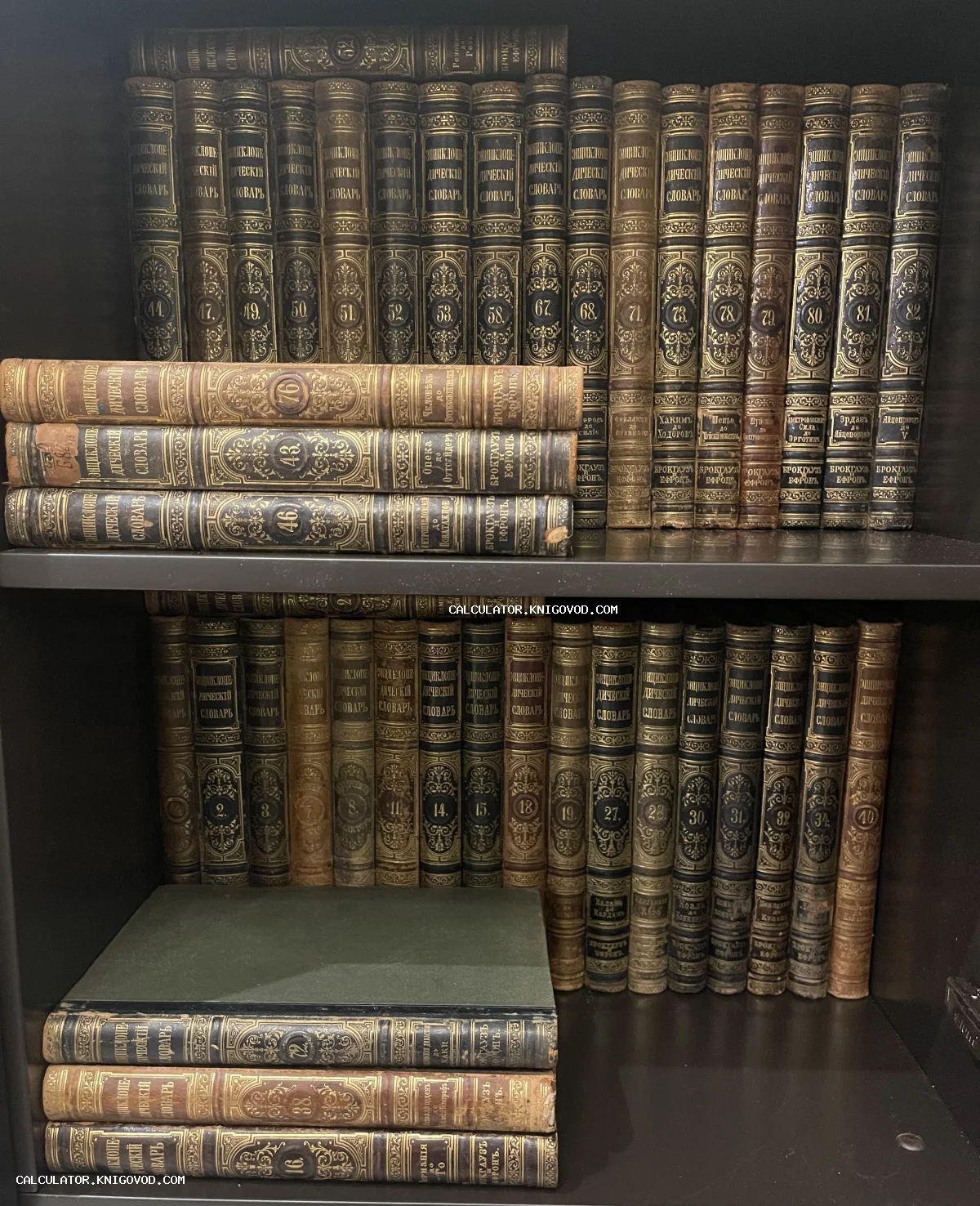 Собрание антикварных книг Энциклопедического словаря Брокгауза и Ефрона на полке, кожаные корешки с золотым тиснением.