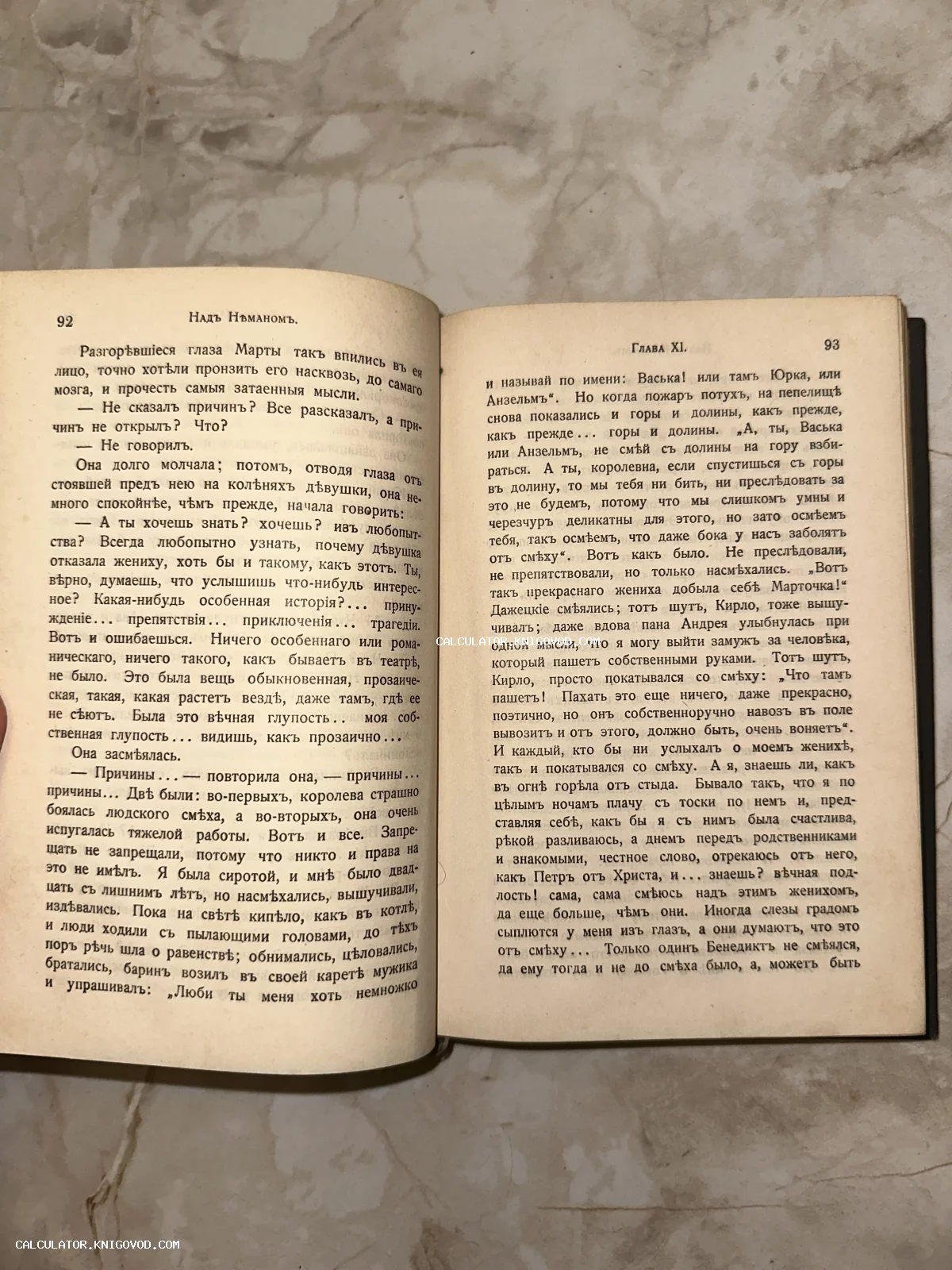 Разворот антикварной книги с текстом на дореволюционном русском языке, страницы 92 и 93 романа Элизы Ожешко.