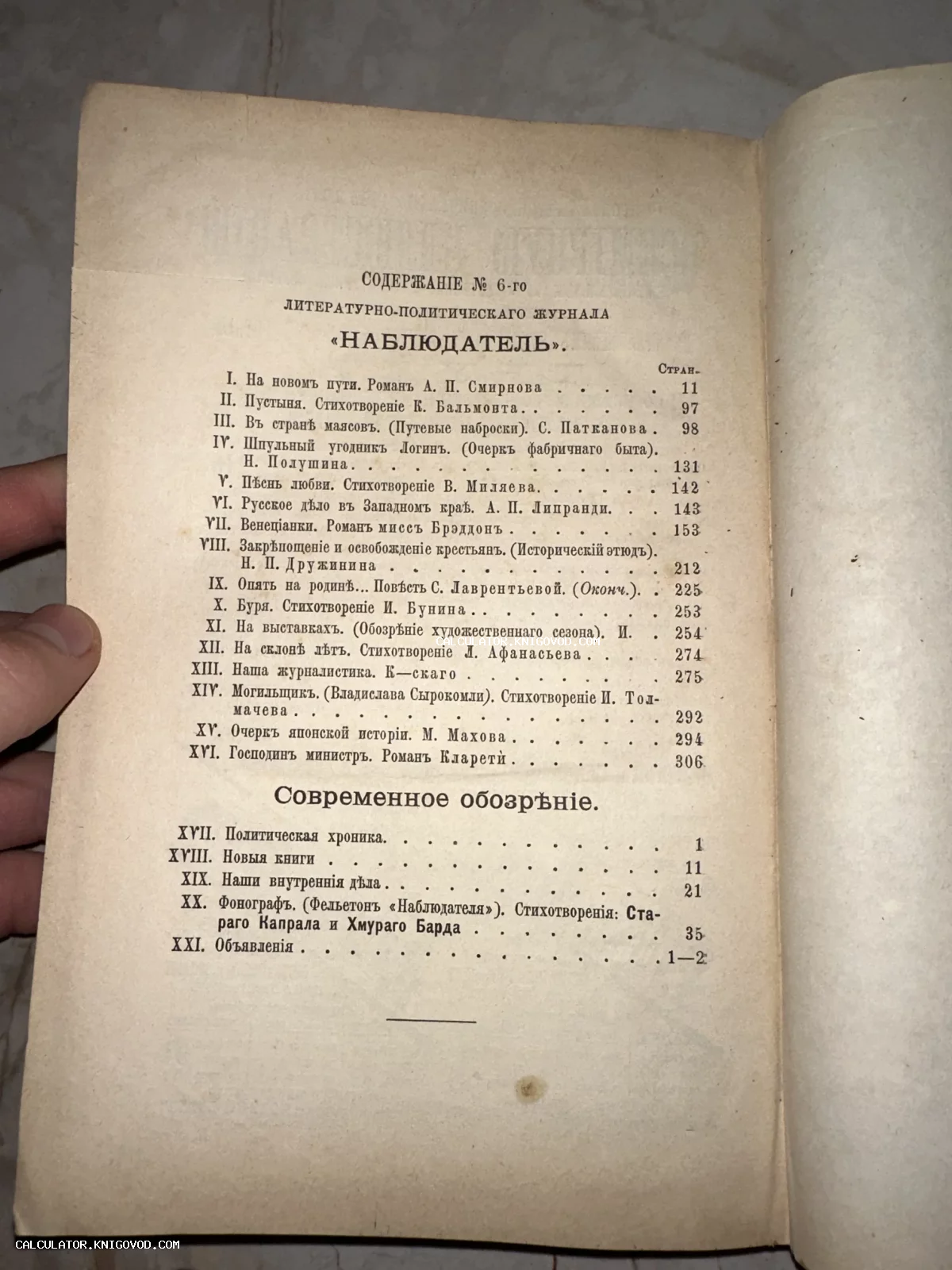Страница с содержанием антикварного литературно-политического журнала «Наблюдатель» № 6 с именами Бунина и Бальмонта.
