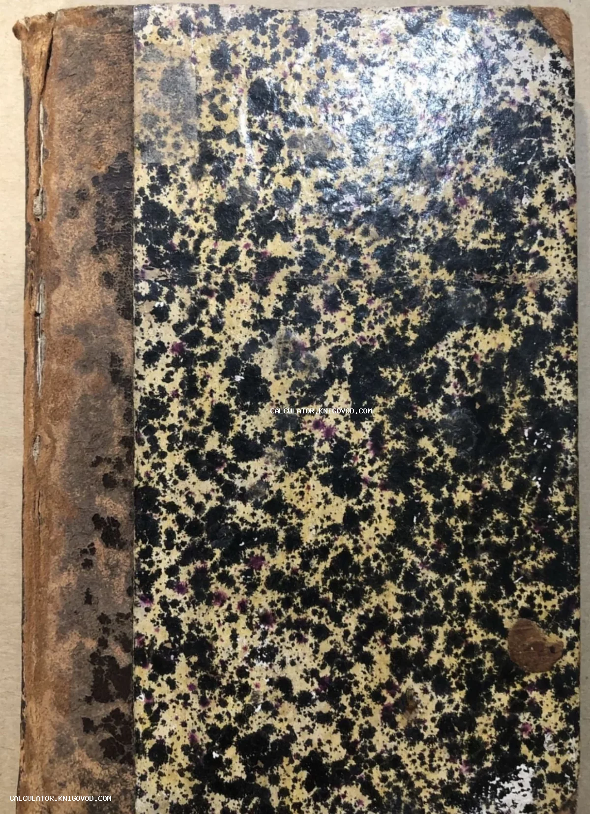 Обложка старинной антикварной книги с характерным черным и фиолетовым крапом на светлом фоне и потертым кожаным корешком.