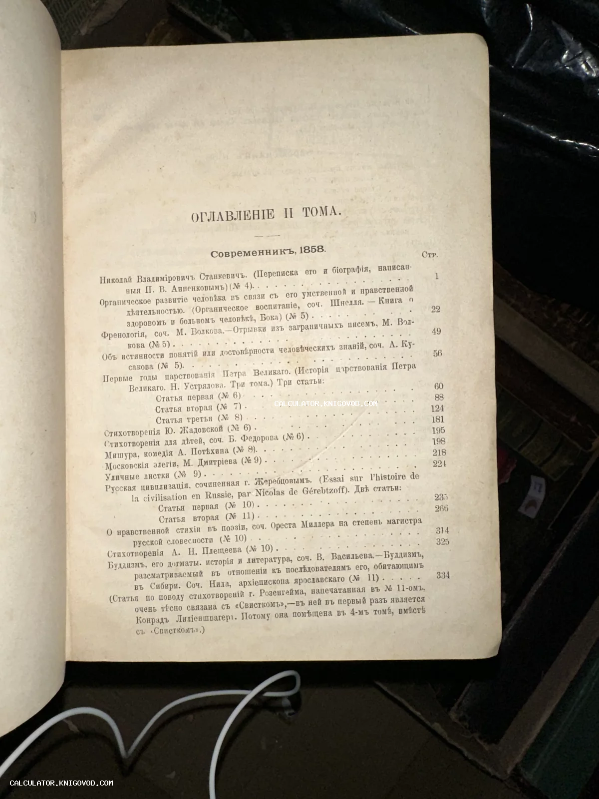 Старинная печатная страница с оглавлением второго тома журнала Современник за 1858 год, дореволюционная орфография.