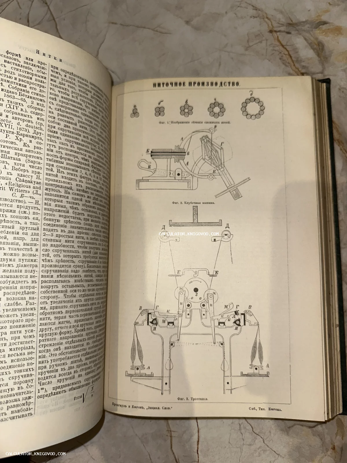 Страница из антикварного словаря Брокгауза и Ефрона с чертежами станков для производства нитей.