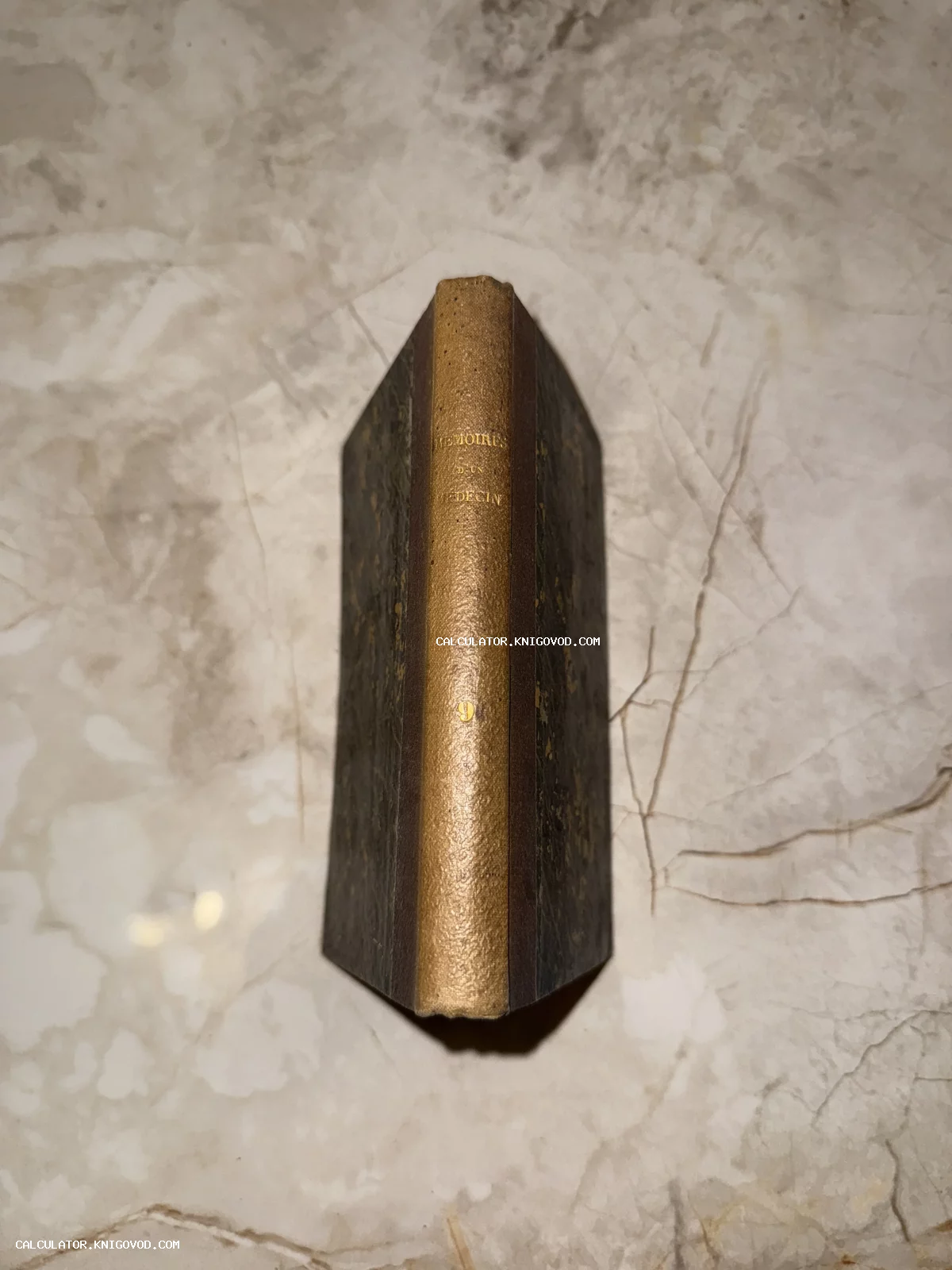 Вид сверху на корешок старинной книги с золотым тиснением Memoires d'un medecin на мраморной поверхности.