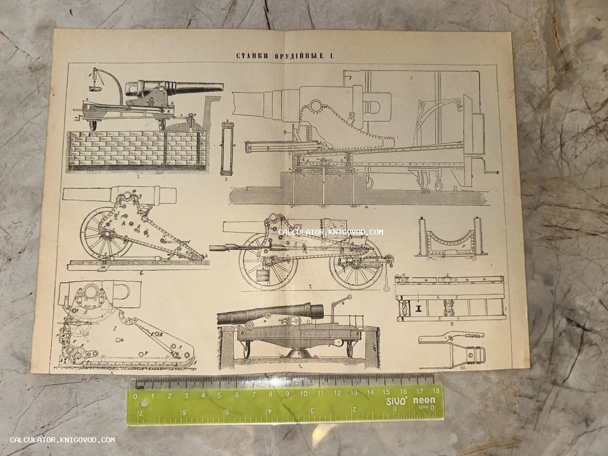 Техническая иллюстрация XIX века с чертежами различных типов артиллерийских станков и пушек на состаренной бумаге.