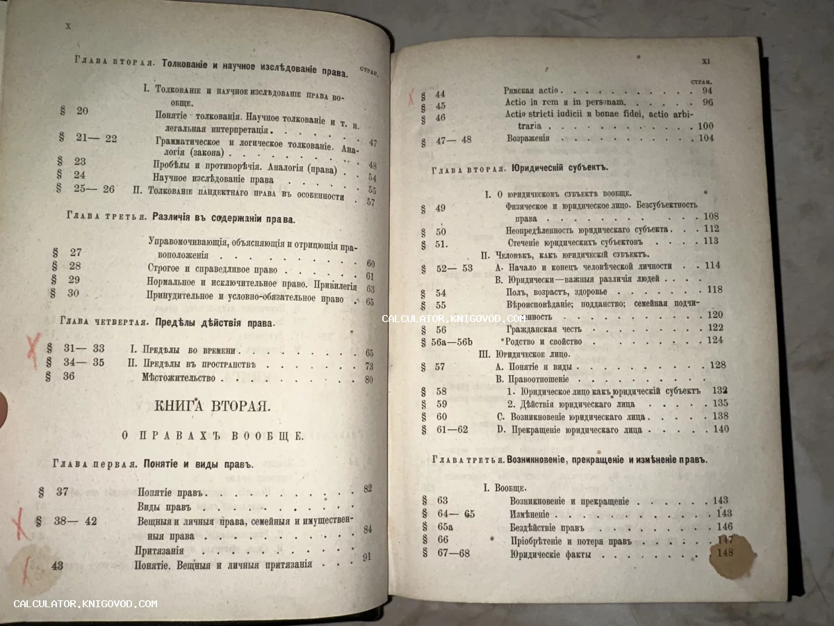 Разворот старой книги с оглавлением на дореволюционном русском языке, содержащий разделы о толковании права и юридических субъектах.