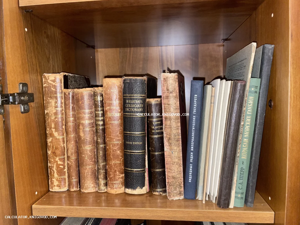 Коллекция старинных книг в кожаных и тканевых переплетах на деревянной полке книжного шкафа.