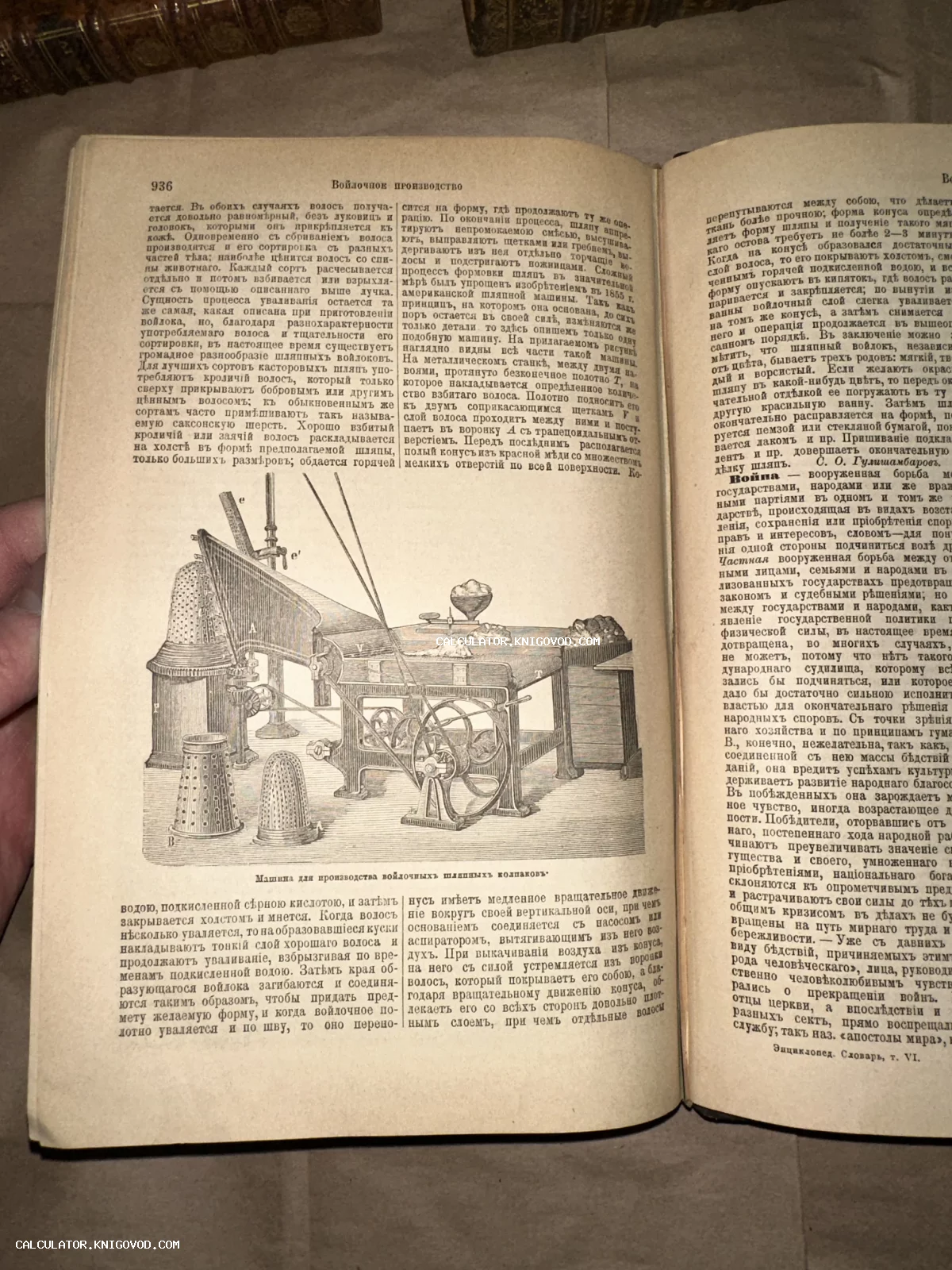 Разворот старинной книги с дореволюционным текстом на русском языке и детальной гравюрой промышленного станка для изготовления шляпного войлока.