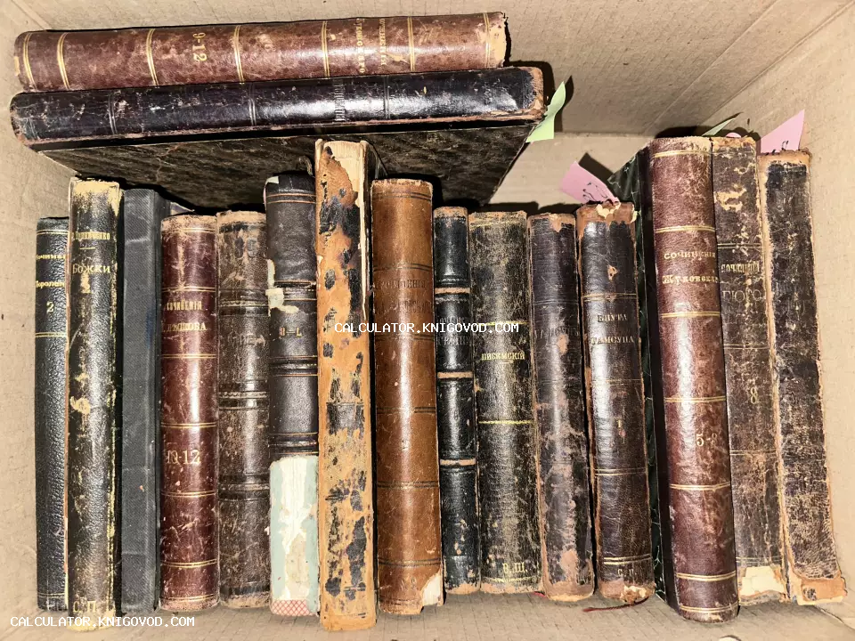 Коллекция старинных книг с кожаными и тканевыми корешками, золотым тиснением и следами времени в коробке.