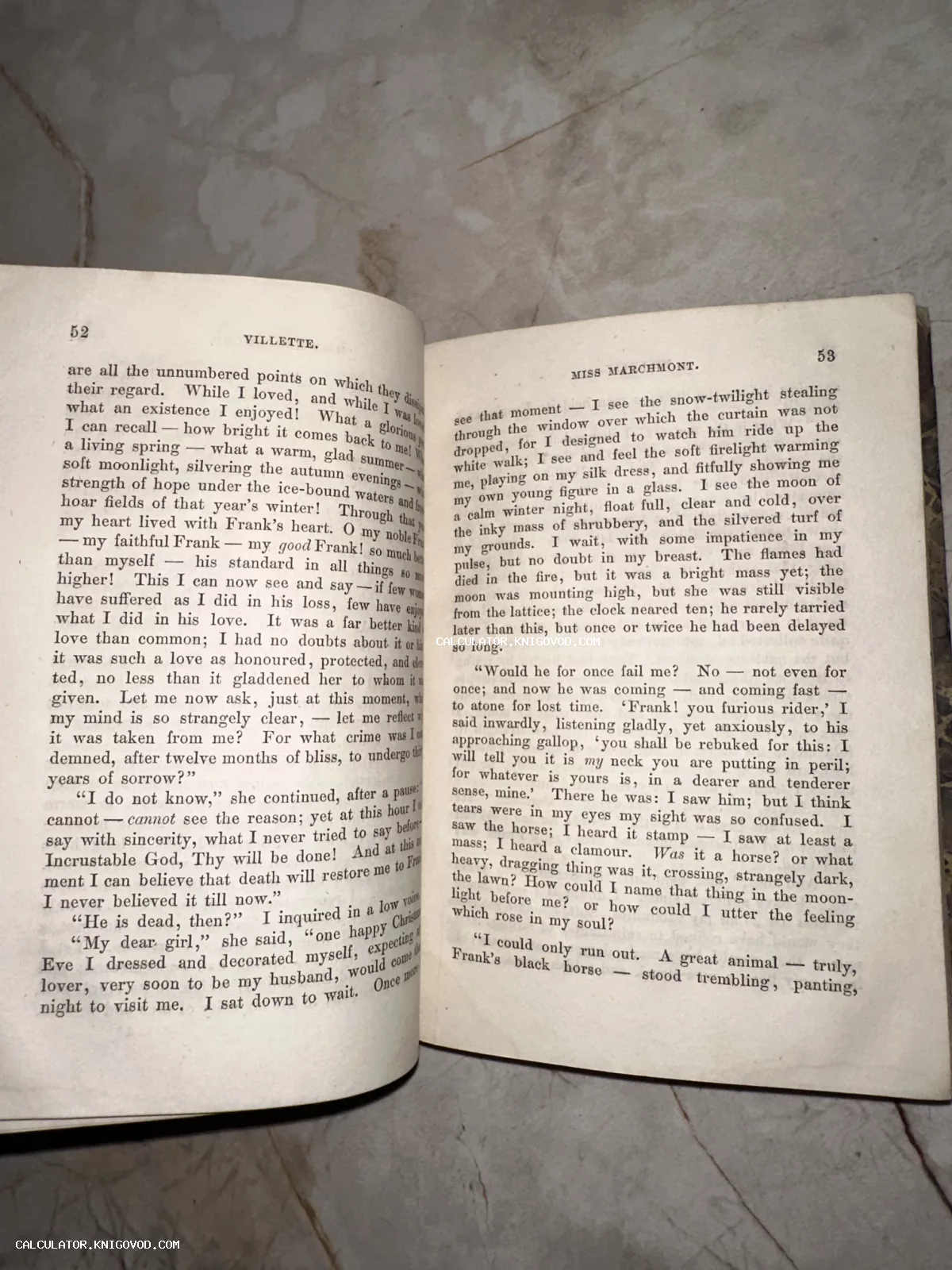 Разворот старинной книги на английском языке, страницы 52 и 53 романа Шарлотты Бронте Villette.