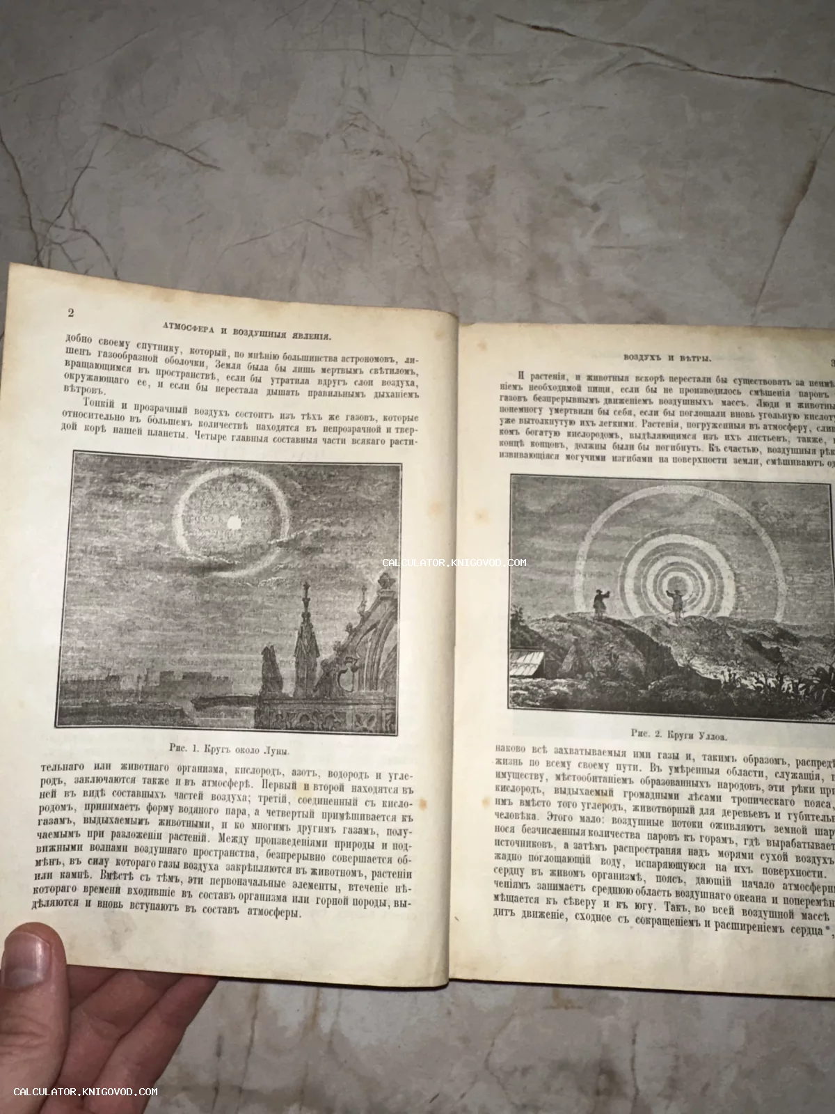 Разворот старой книги с дореволюционным текстом и иллюстрациями атмосферных оптических явлений: лунного гало и световых кругов.