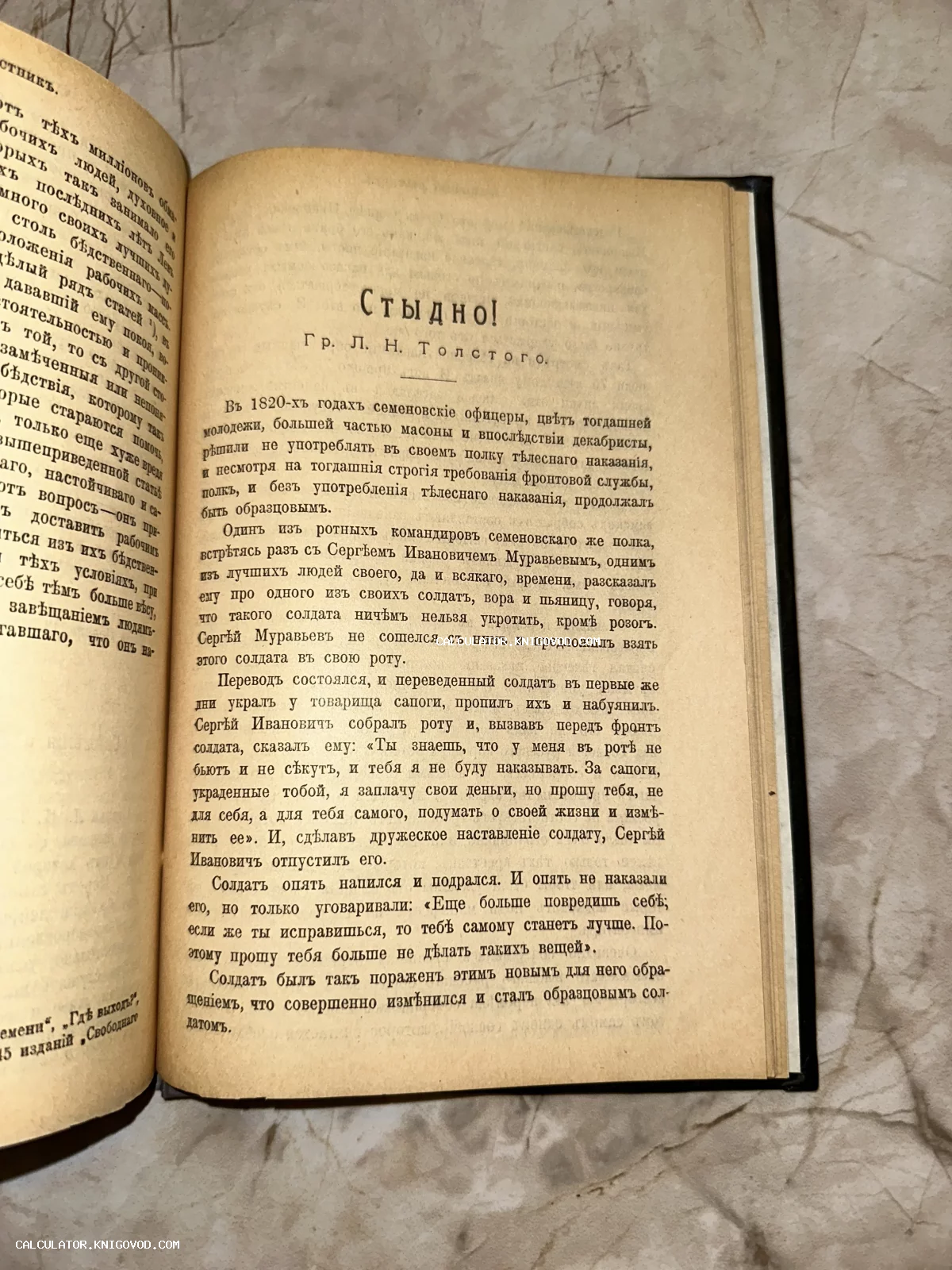 Разворот антикварной книги с заголовком «Стыдно!» Графа Л. Н. Толстого, текст напечатан дореволюционным шрифтом на пожелтевшей бумаге.