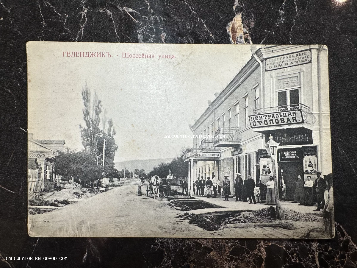 Черно-белая дореволюционная открытка с видом на Шоссейную улицу в Геленджике, изображающая здание Центральной столовой, вывески магазинов и людей.