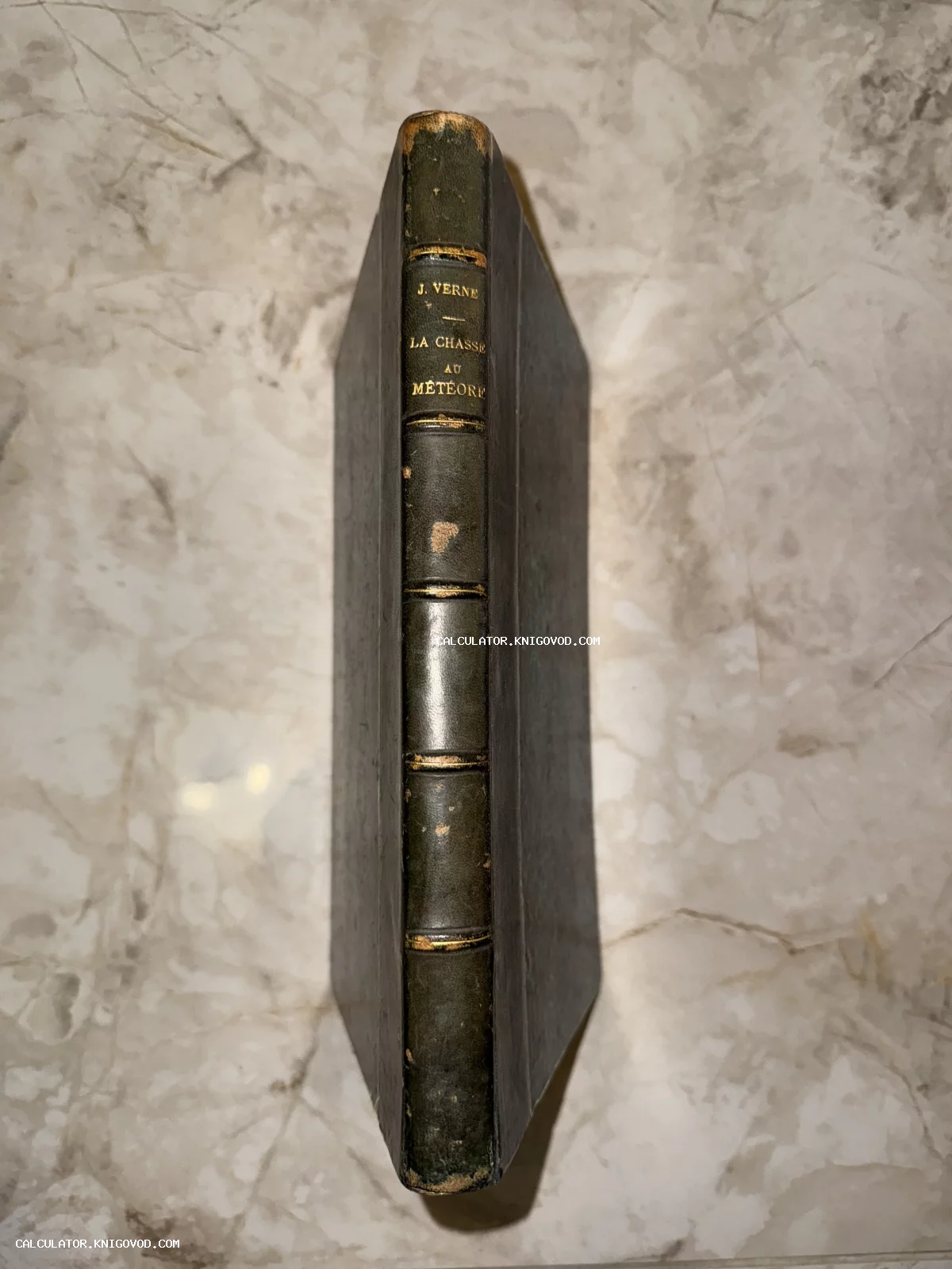 Корешок старинной книги Жюля Верна с золотым тиснением на французском языке: La Chasse au Météore.