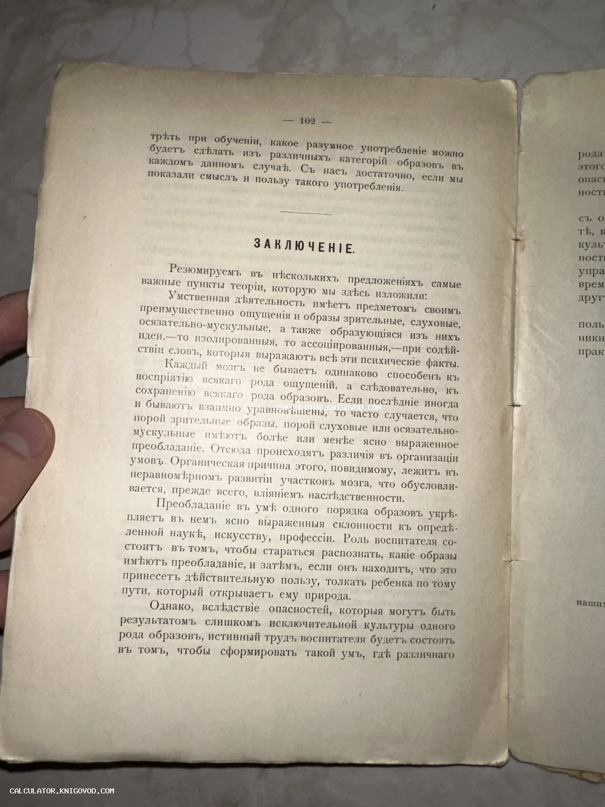 Разворот антикварной книги на странице 102 с заголовком «Заключение», напечатанный дореволюционным шрифтом на пожелтевшей бумаге.