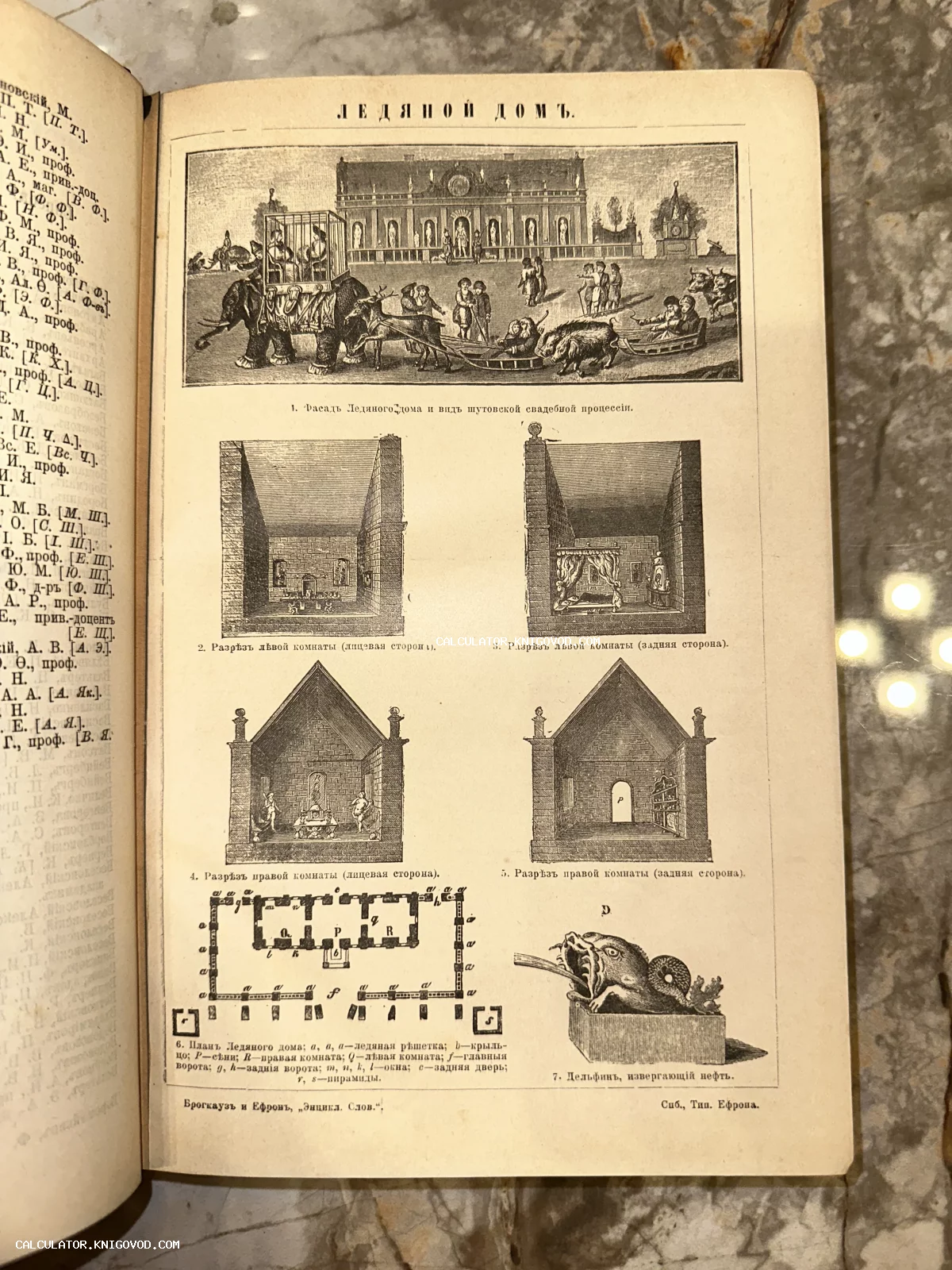 Страница антикварной книги с чертежами и гравюрами, изображающими фасад, внутренние комнаты и план Ледяного дома XVIII века.