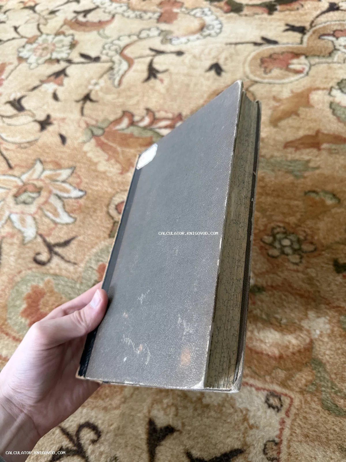 Старинная книга с потертым серым переплетом и пожелтевшими страницами в руке коллекционера