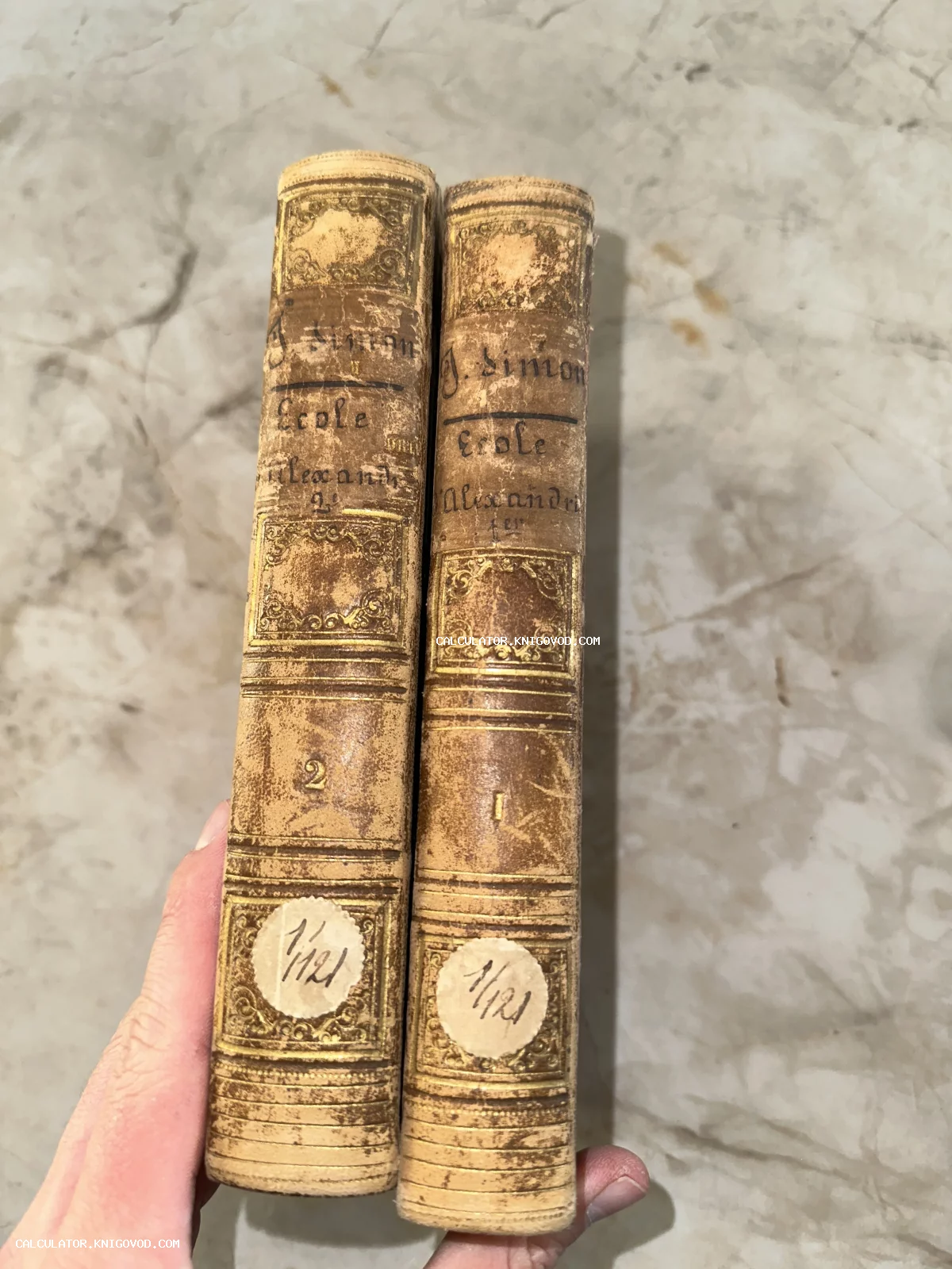 Два тома антикварных книг в кожаных переплетах с золотым тиснением на корешках, автор J. Simon, название Ecole d'Alexandrie.