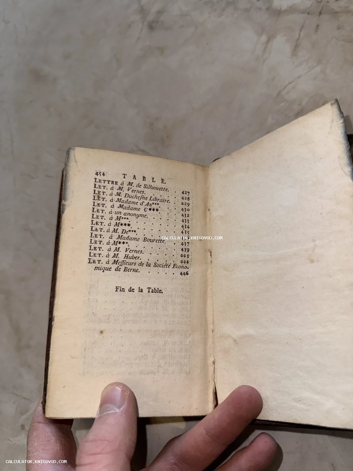 Разворот старинной книги на странице с французским оглавлением «Table», перечисляющим письма.