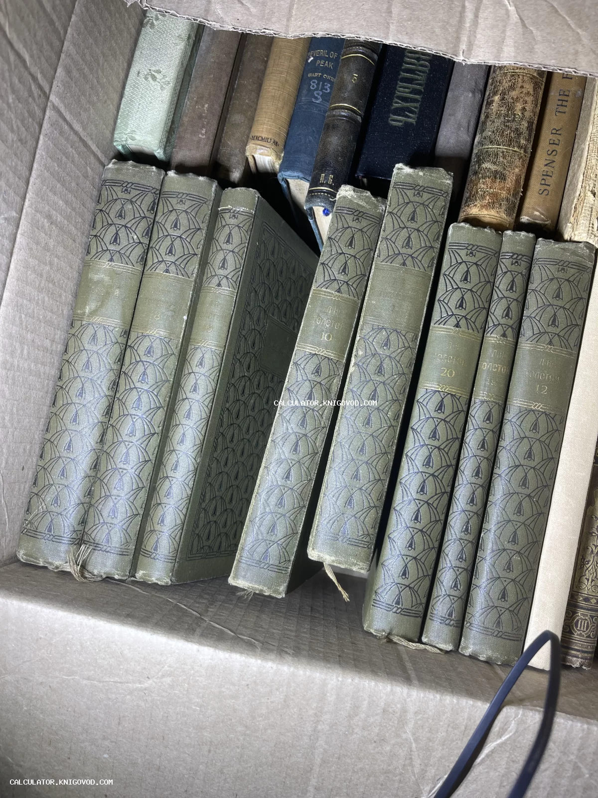 Картонная коробка, наполненная старинными книгами с тиснеными корешками, включая тома Льва Толстого в зеленом переплете.