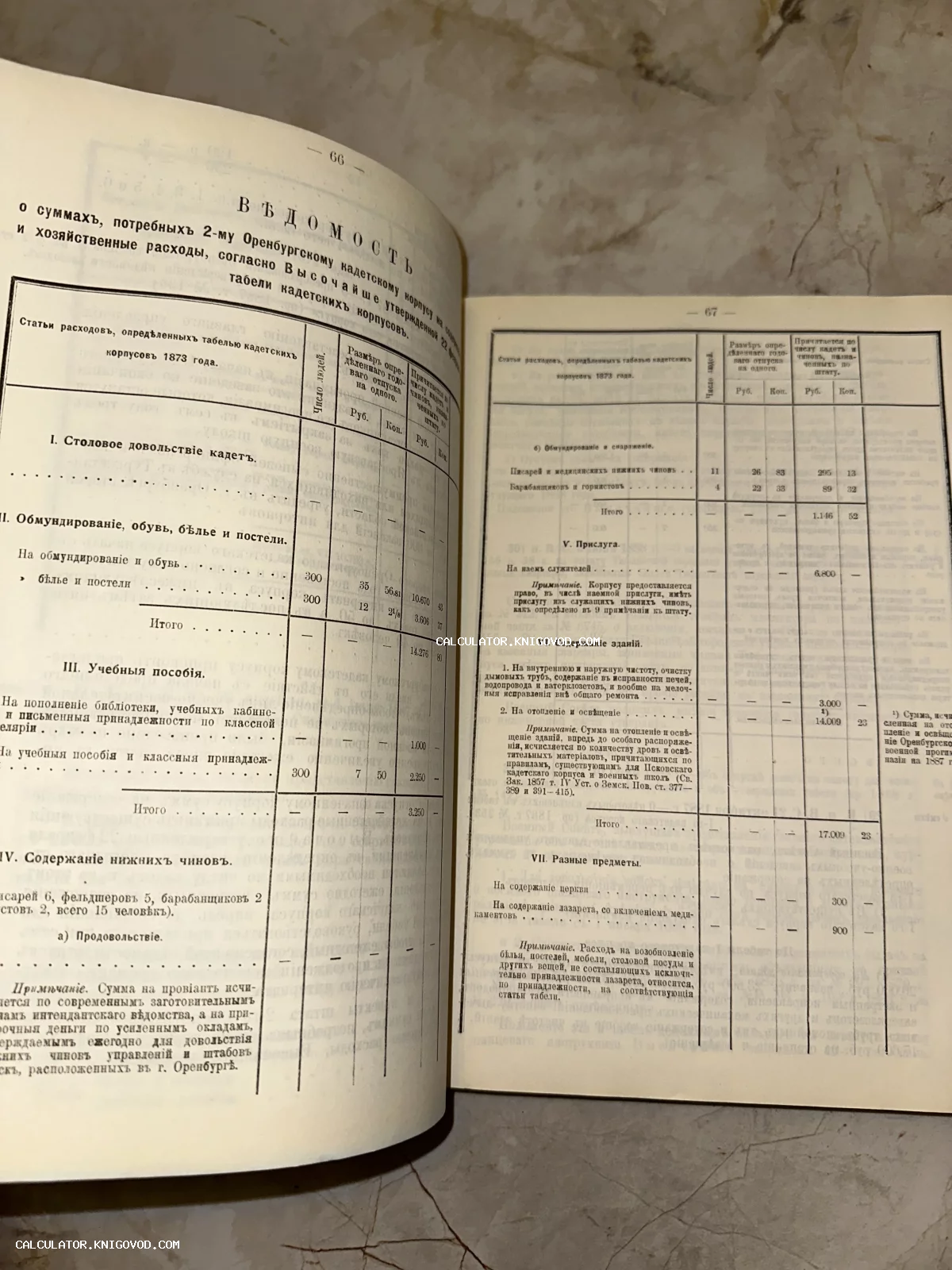 Разворот старинной книги с таблицами финансовых расходов Оренбургского кадетского корпуса на 1873 год.