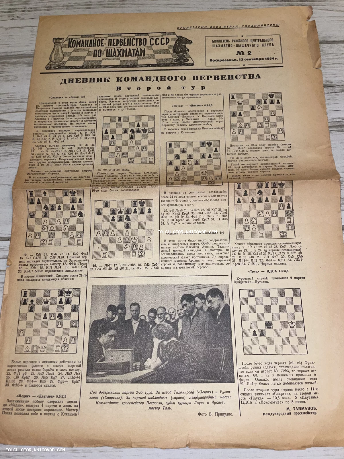 Разворот архивного шахматного бюллетеня 1954 года с диаграммами партий и черно-белой фотографией участников турнира.