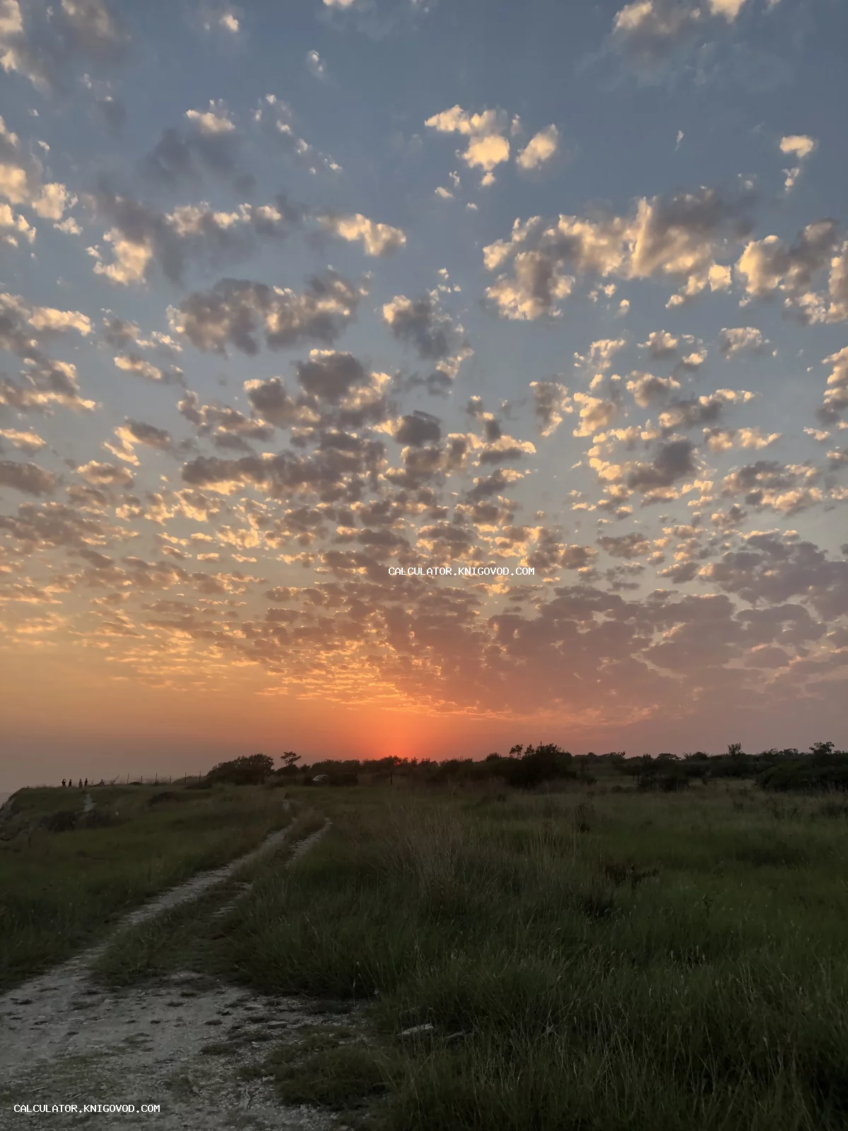 Закат солнца над полем с грунтовой дорогой и фактурными облаками в небе.