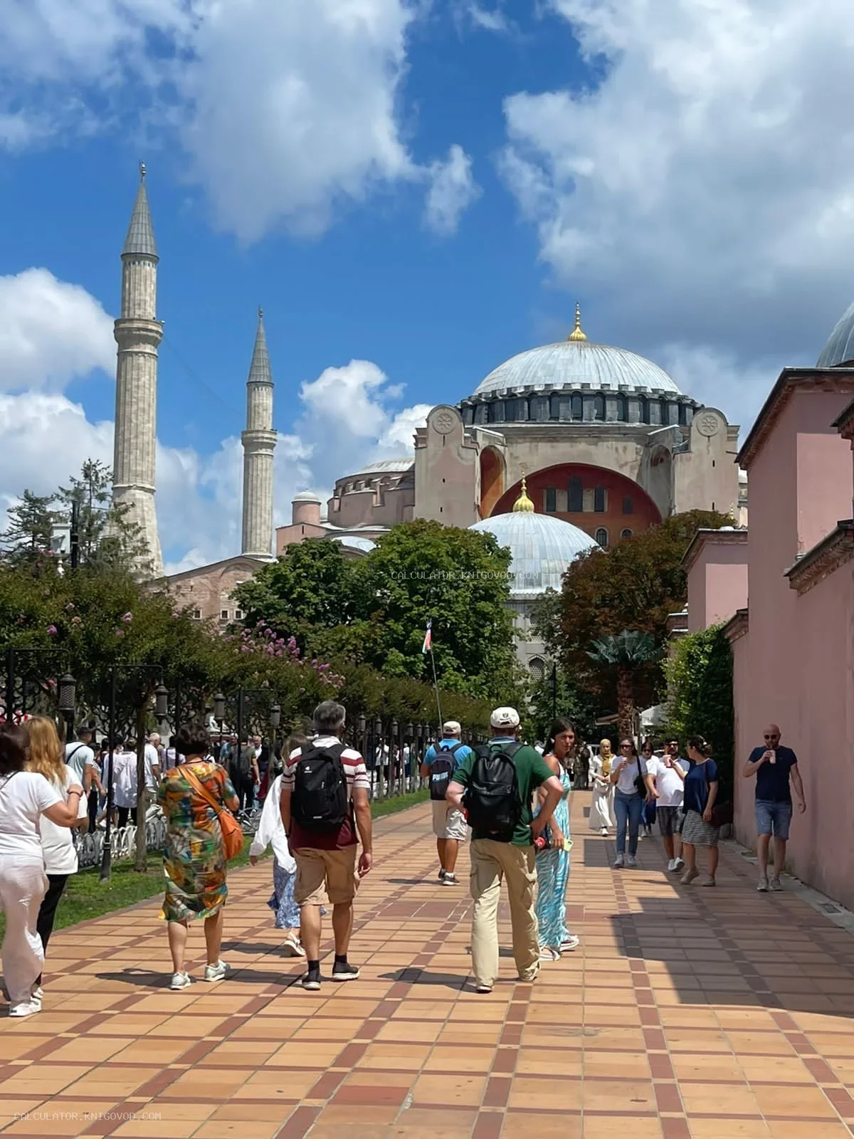 Вид на собор Святой Софии (Айя-София) с куполом и минаретами под голубым небом, на переднем плане толпа туристов.