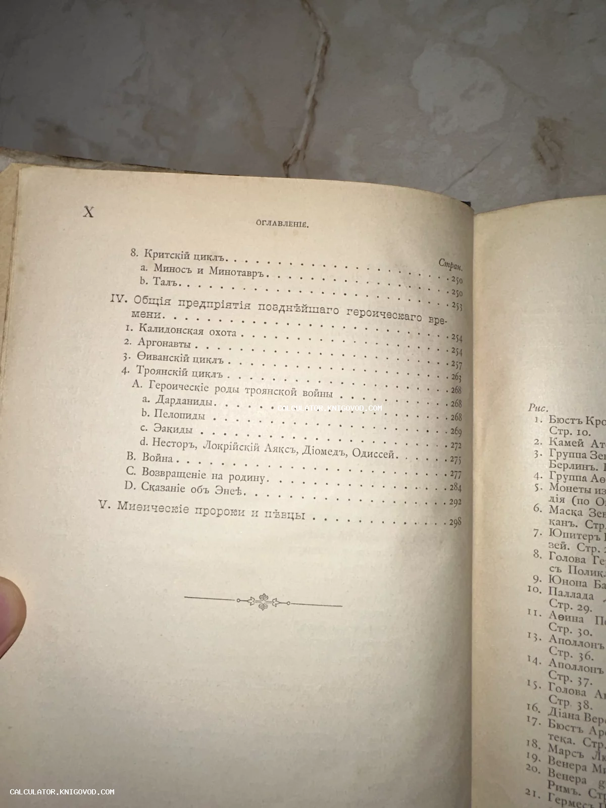 Разворот старинной книги с оглавлением на дореволюционном русском языке, содержащим разделы о Критском и Троянском циклах.
