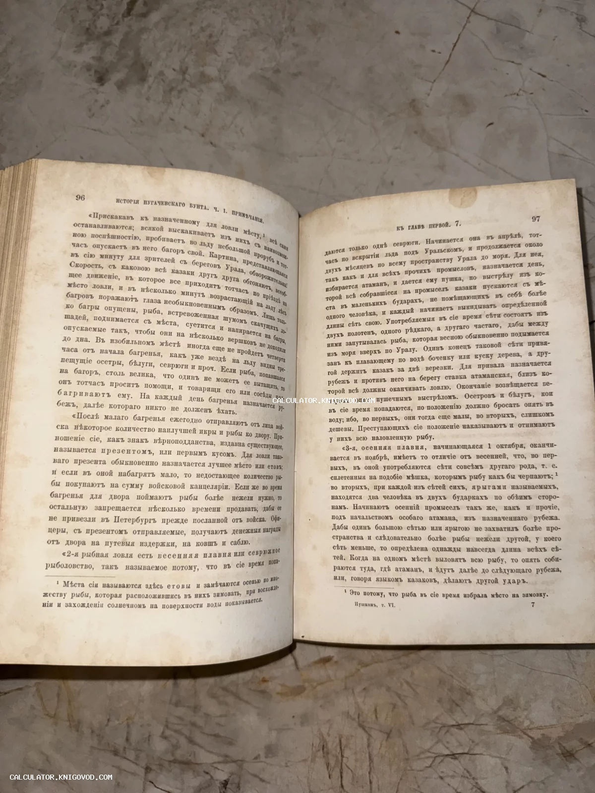 Разворот старинной книги Александра Сергеевича Пушкина с текстом о казачьем быте и рыбной ловле в дореволюционной орфографии.