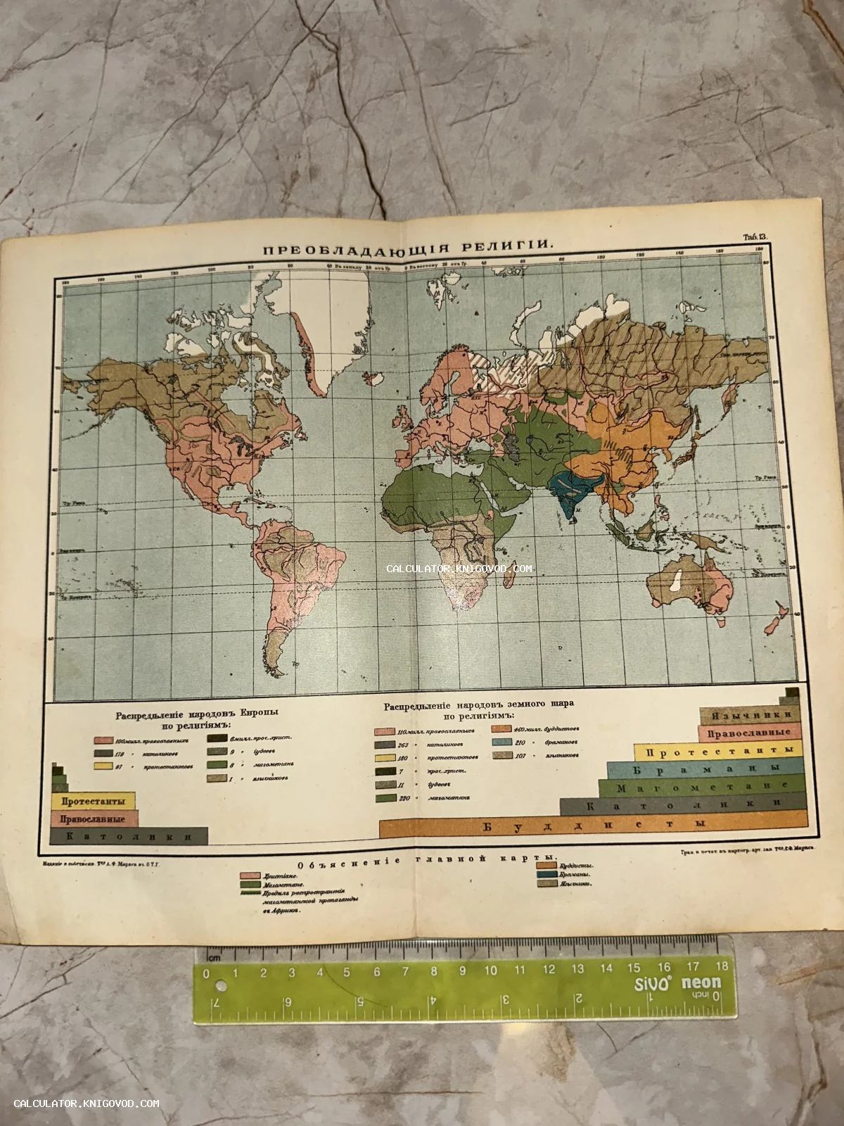 Старинная дореволюционная карта мира на русском языке, показывающая распределение религий по странам и континентам с помощью цветовых зон и диаграмм.