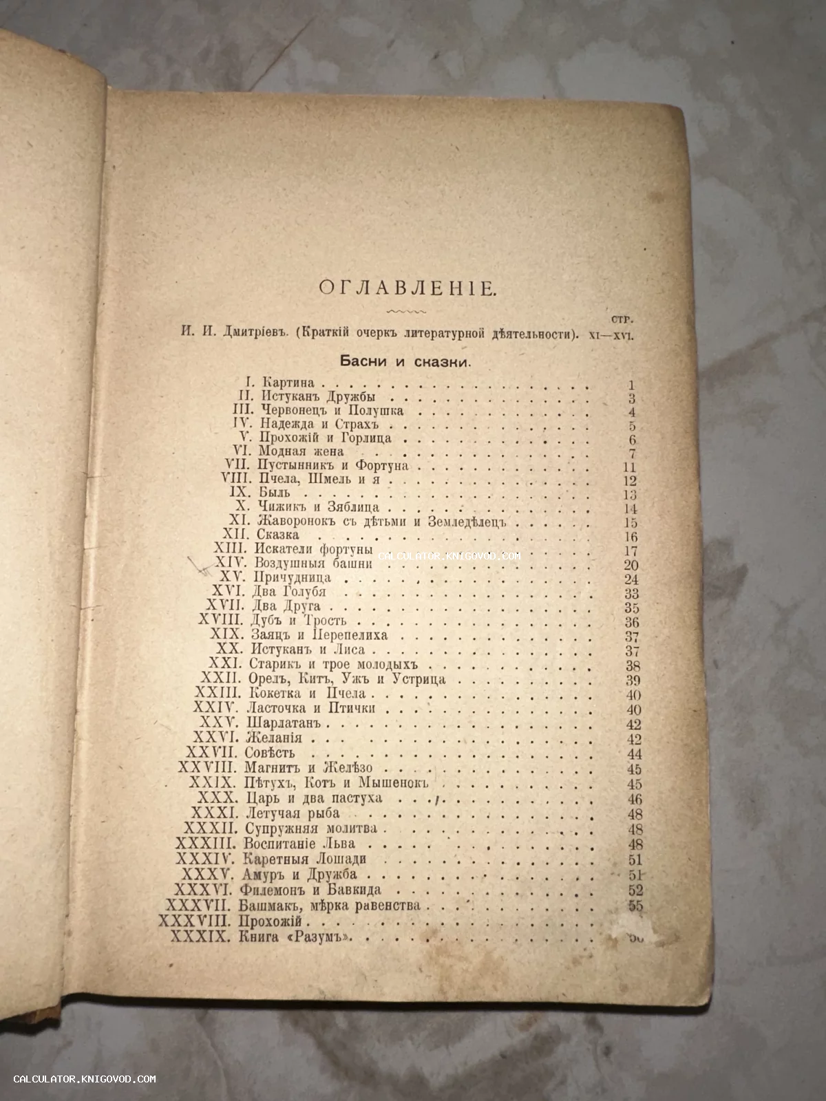 Страница с оглавлением из антикварной книги басен Ивана Дмитриева, напечатанная в дореволюционной орфографии на пожелтевшей бумаге.