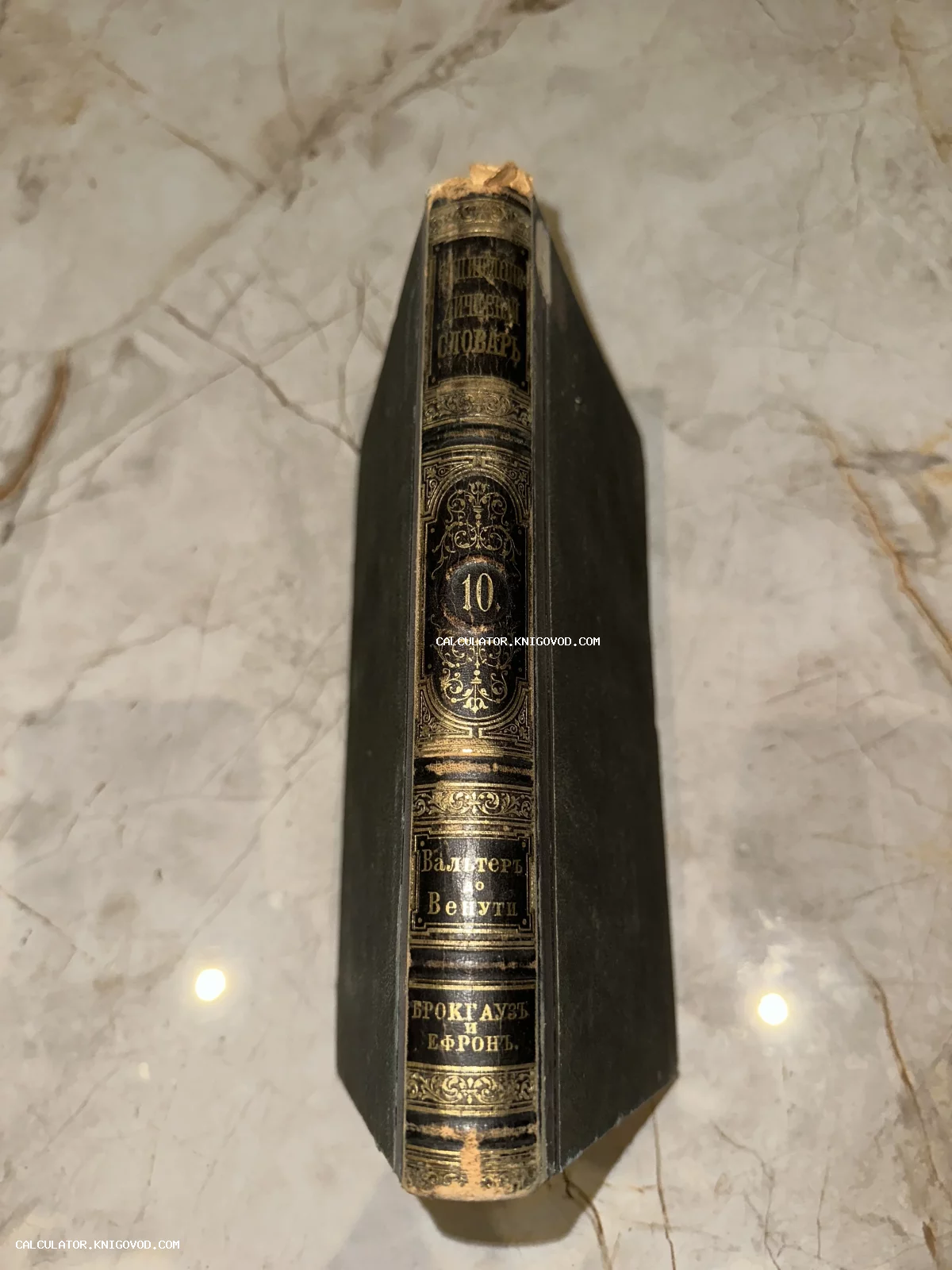 Корешок антикварной книги Энциклопедический словарь Брокгауза и Ефрона, том 10, с золотым тиснением и орнаментом.