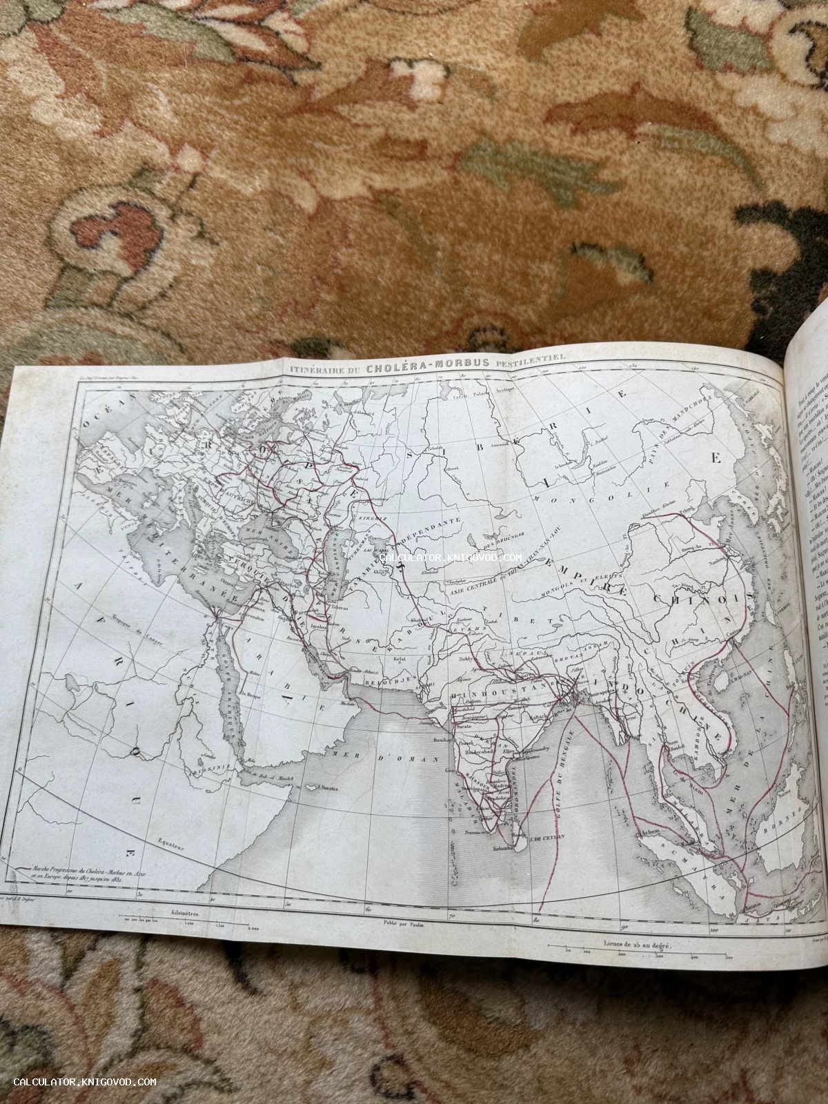 Разворот старинной книги с французской картой «Itinéraire du Choléra-Morbus», изображающей пути распространения эпидемии в Евразии и Африке.