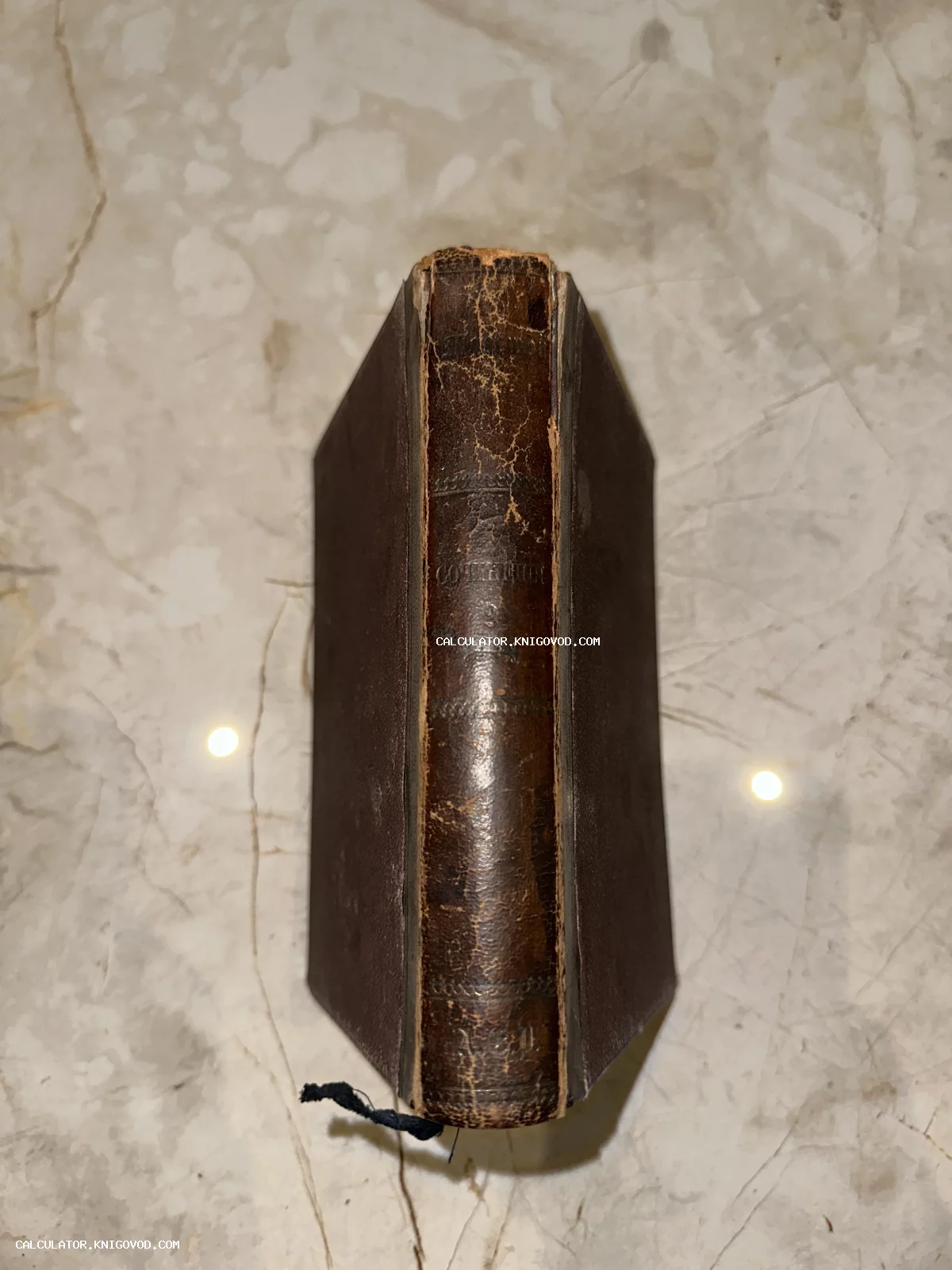 Корешок старинной книги в кожаном переплете с золотым тиснением на мраморной поверхности