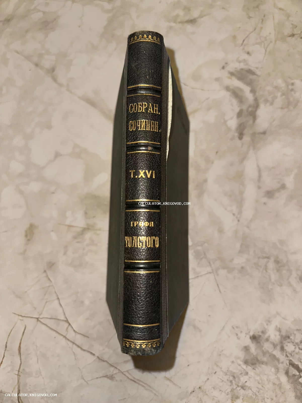 Корешок антикварной книги в кожаном переплете с золотым тиснением: Собрание сочинений графа Толстого, том 16.