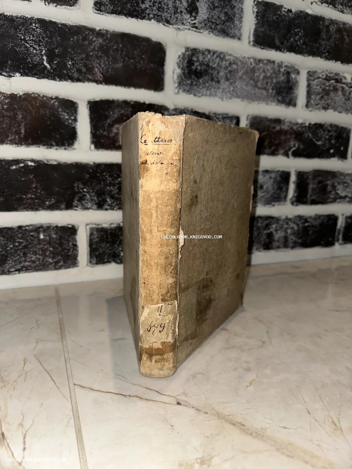 Старинная антикварная книга с пожелтевшим потертым корешком и рукописными пометками на фоне кирпичной стены.