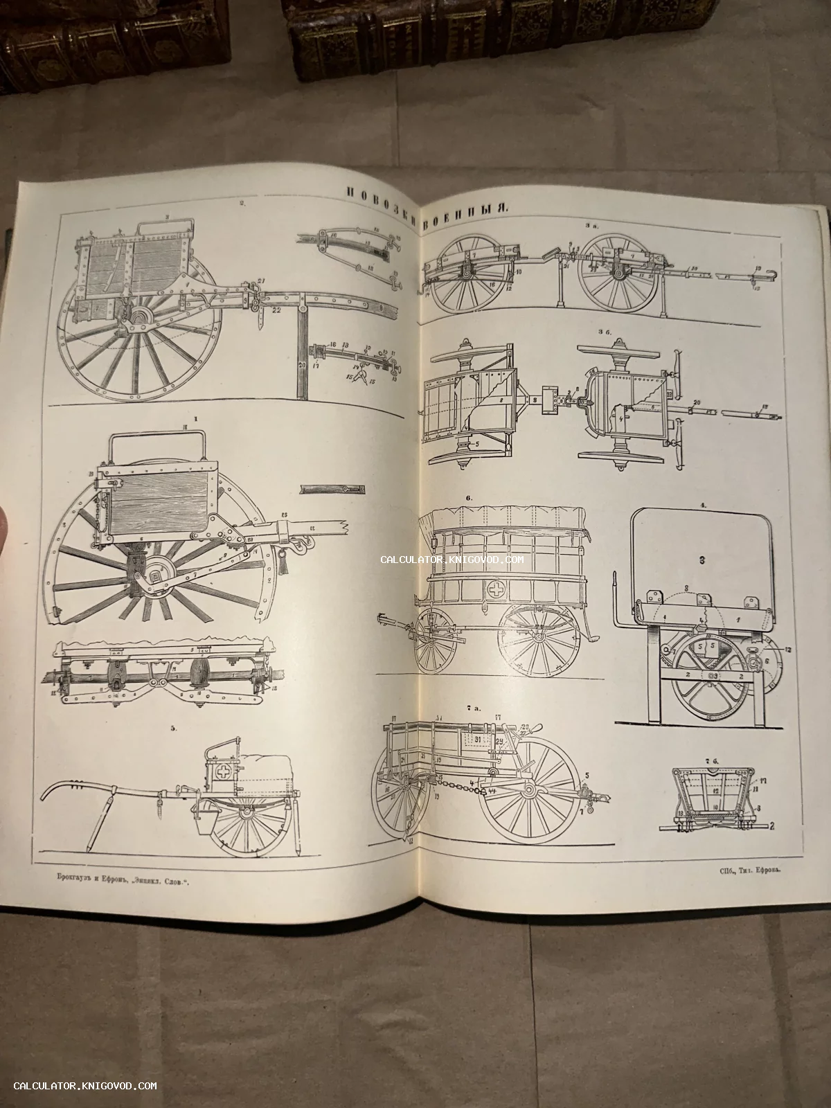 Разворот антикварного энциклопедического словаря с техническими чертежами военных повозок и санитарных экипажей.