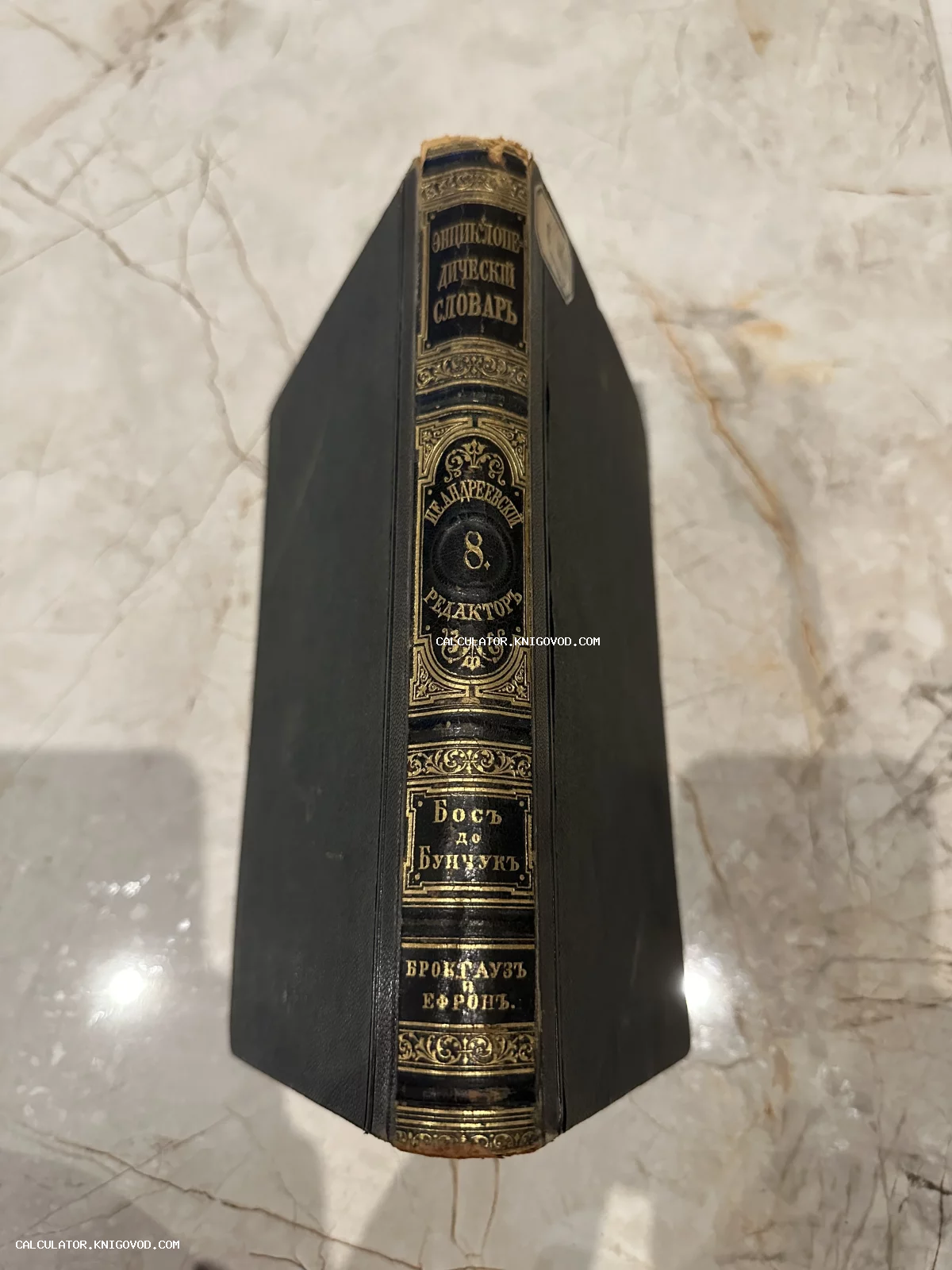 Корешок антикварной книги в кожаном переплете с золотым тиснением: Энциклопедический словарь Брокгауза и Ефрона, том 8.