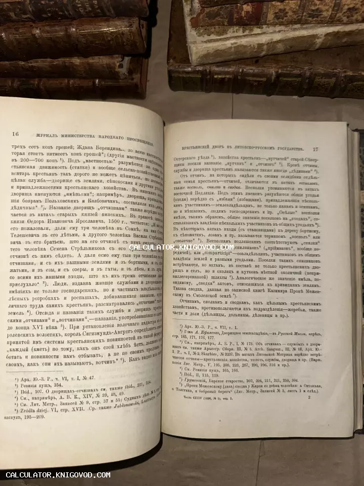 Разворот открытой старинной книги с дореволюционным русским шрифтом на фоне кожаных переплетов.