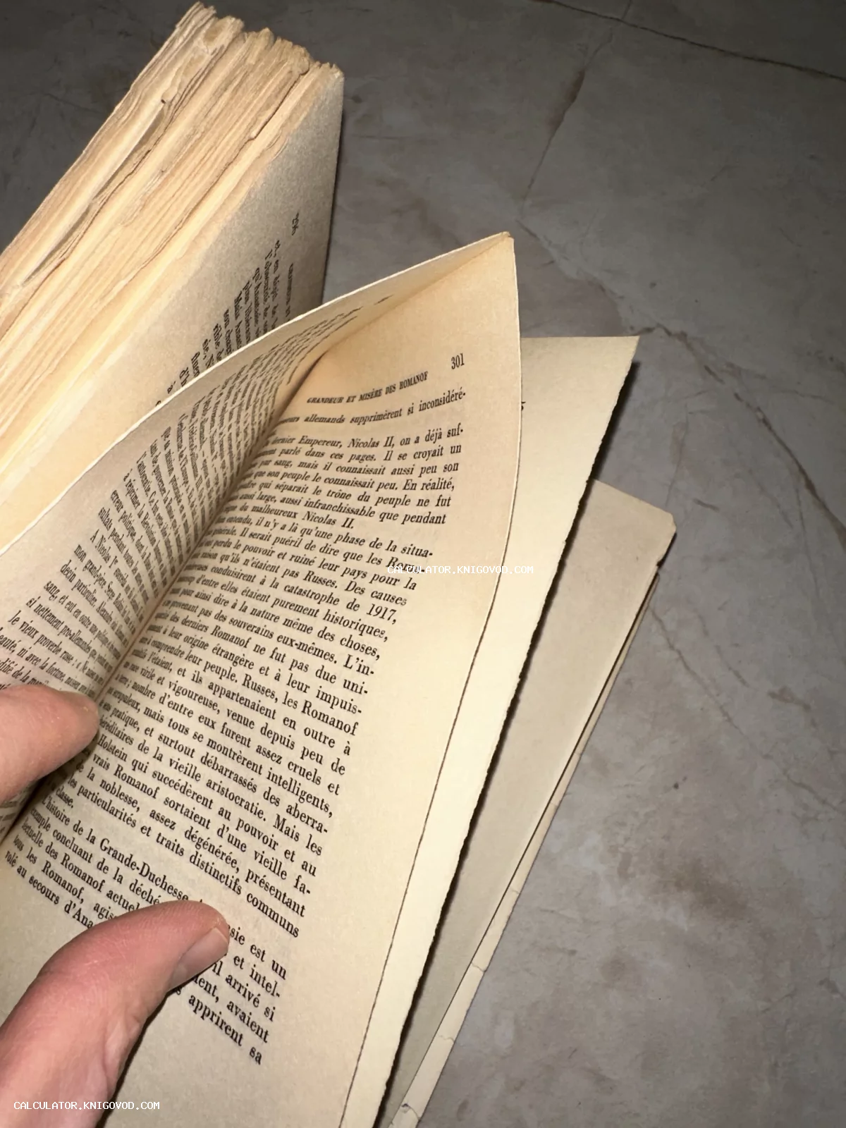 Разворот старинной книги с текстом на французском языке, страница 301 с заголовком Grandeur et misère des Romanof, упоминание императора Николая II.