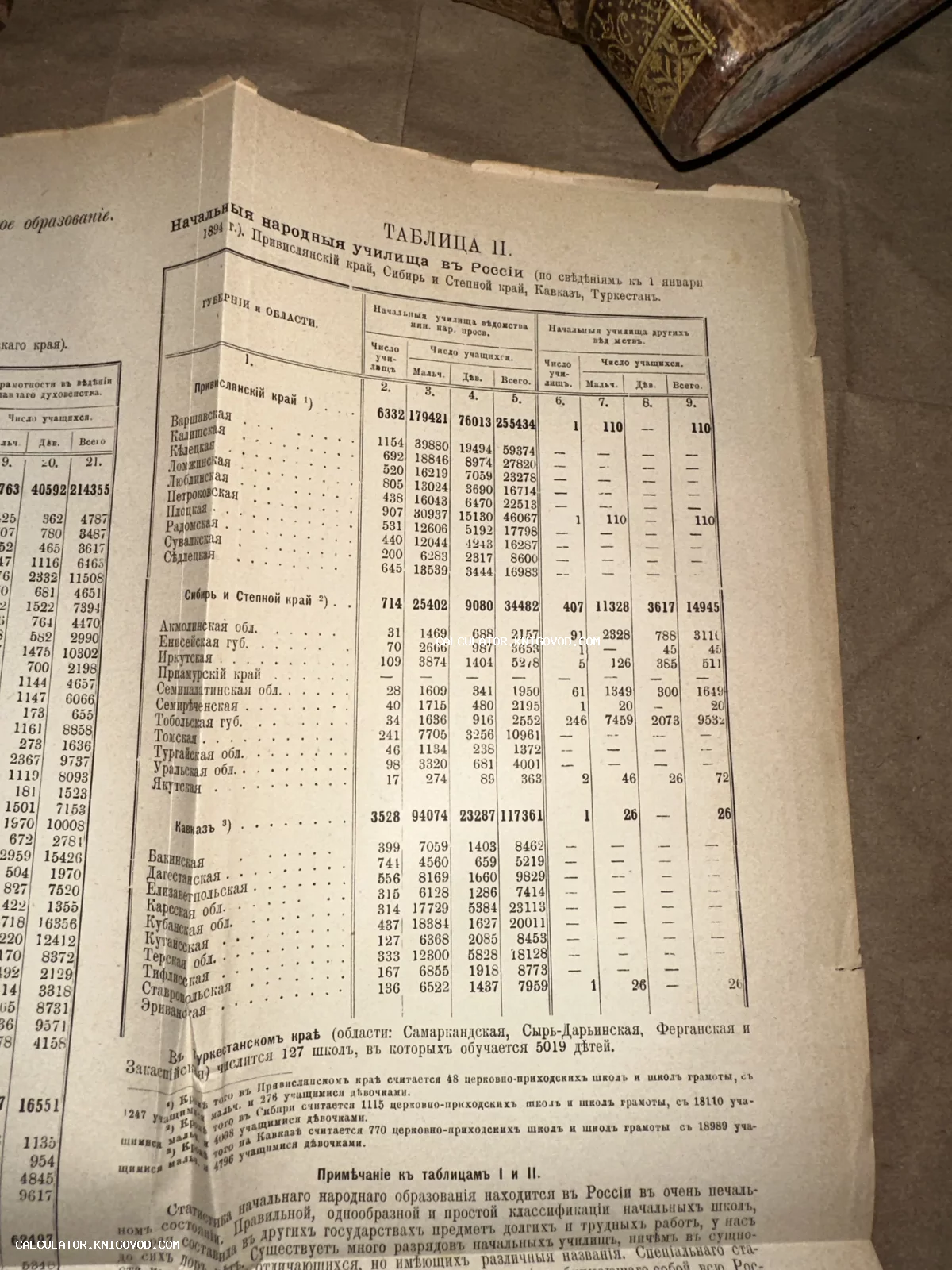 Страница антикварной книги с таблицей статистики начальных народных училищ в России по состоянию на 1894 год.
