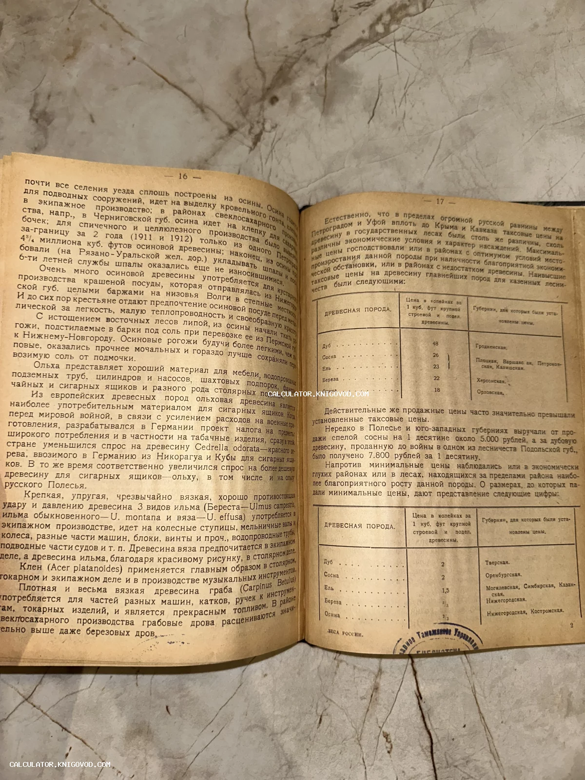 Разворот старой книги с текстом о свойствах древесины и таблицами цен по губерниям, видна печать Главного Таможенного Управления.