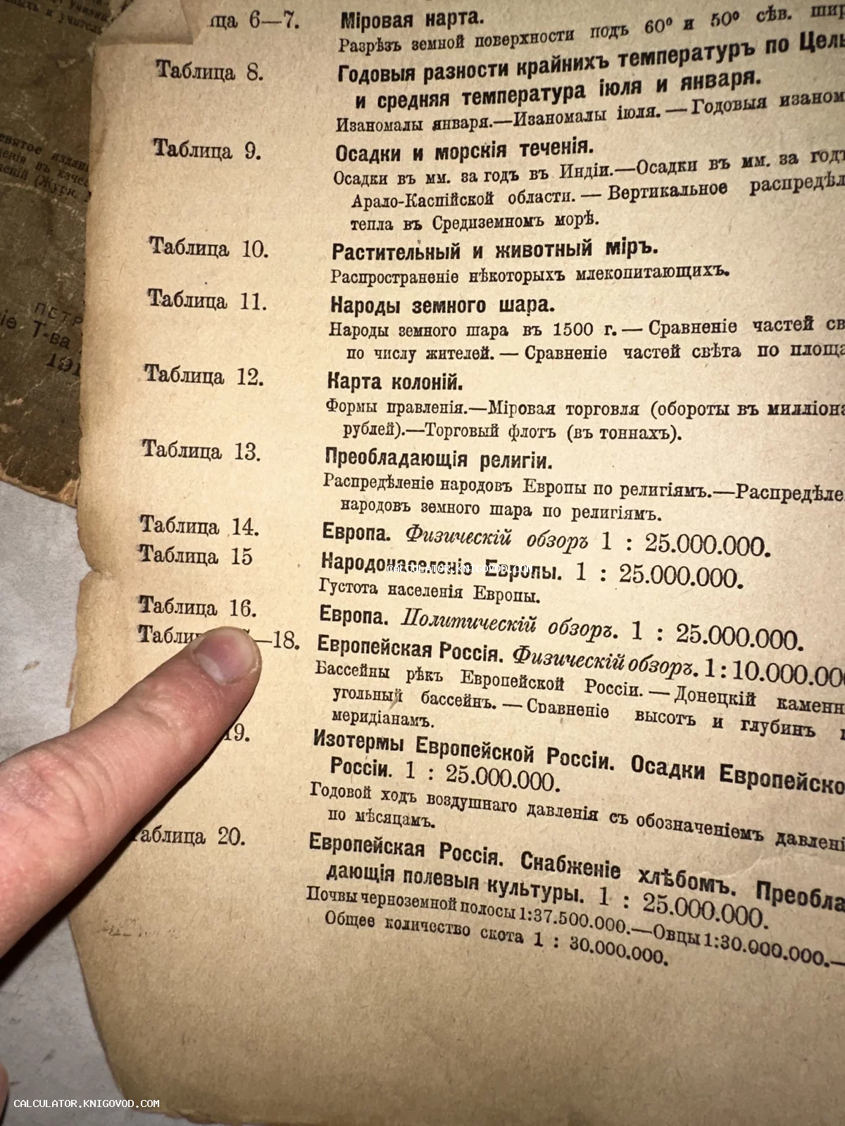 Страница антикварной книги с перечнем географических карт и статистических таблиц, набранная дореволюционным шрифтом на пожелтевшей бумаге.