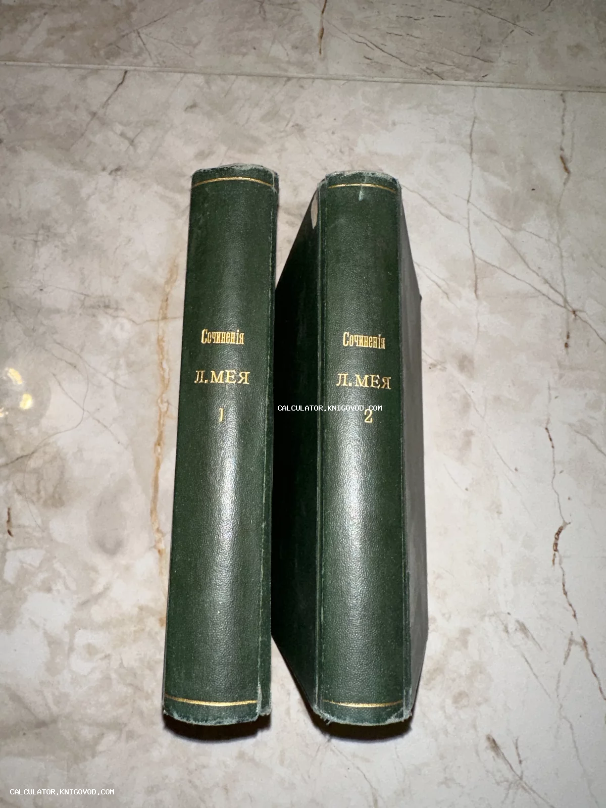 Два антикварных тома в темно-зеленом переплете с золотым тиснением на корешках: Сочинения Л. Мея, том 1 и том 2.